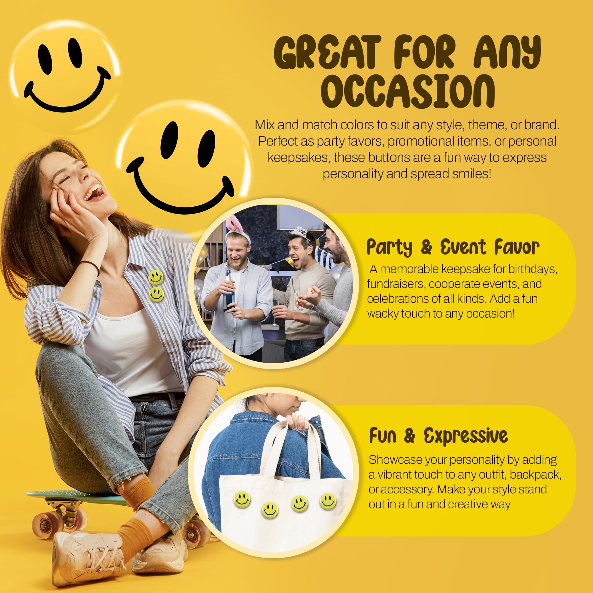 Smiley Face Pinback Buttons - 1 Inch Round Metal Badges with Secure Pin Backing (25 Pack) - Durable Emoji Pins for Backpacks, Jackets & Accessories - Perfect for Parties, Giveaways, School Events & Everyday Fashion