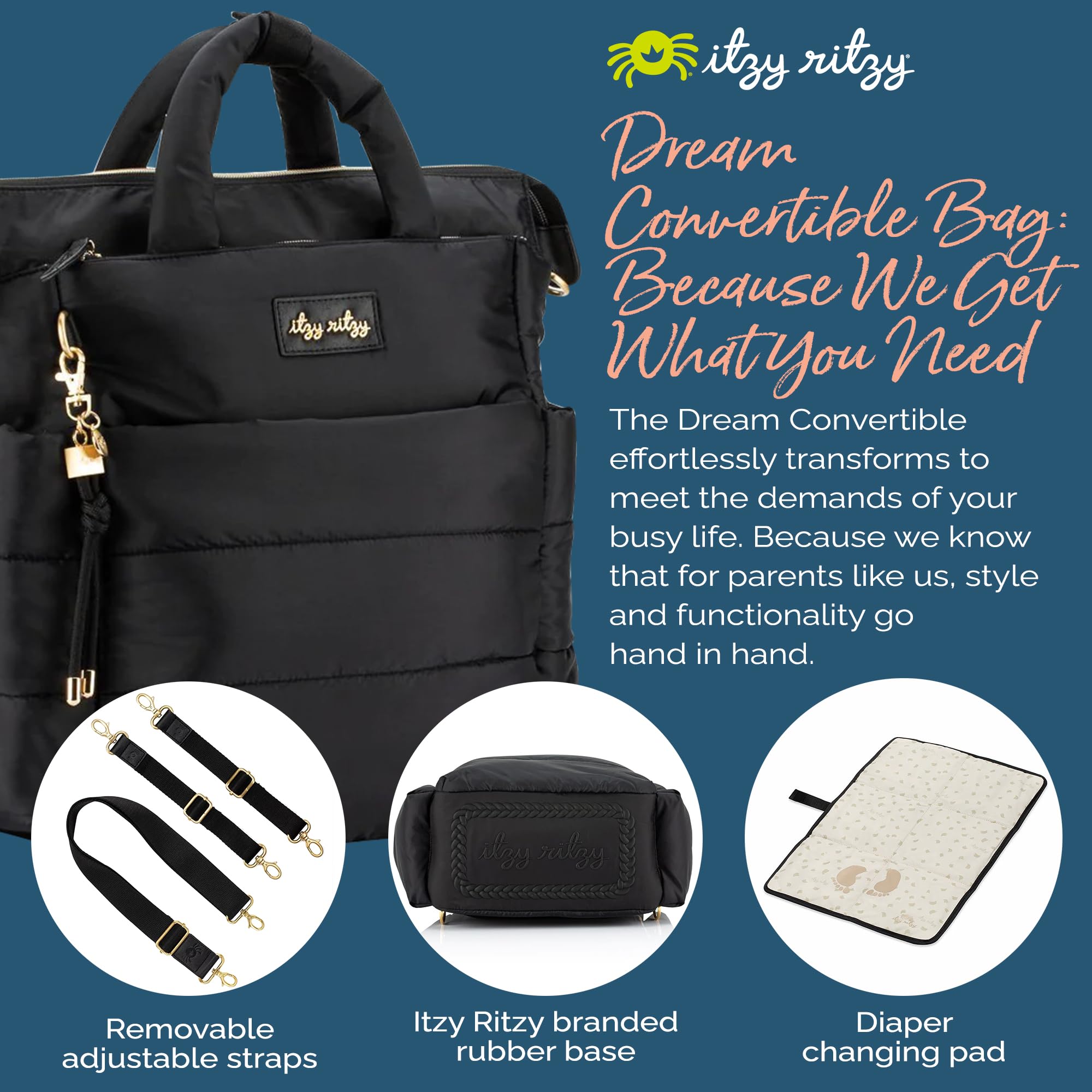 Itzy Ritzy Dream Convertible Diaper Bag - Baby Tote Backpack with 14 Pockets, Changing Pad, Insulated Bottle Holder | Perfect for Newborns & Toddlers | Stylish & Functional for Daycare, Travel & Shopping (Midnight Black)
