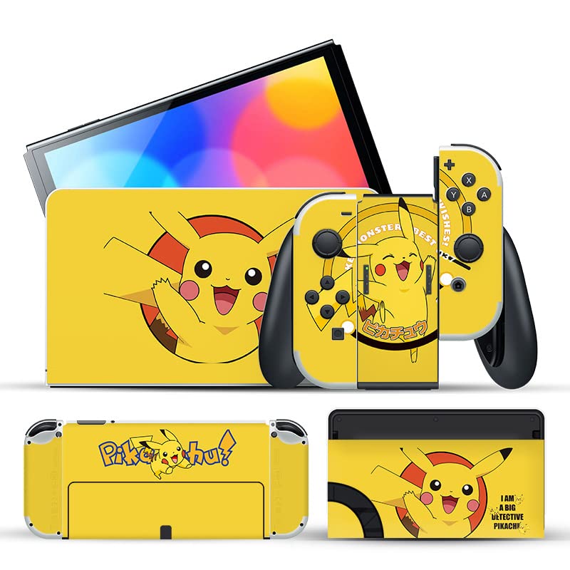PERFECTSIGHT Cute Nintendo Switch OLED Skin Sticker - Kawaii Pikachu Cartoon Vinyl Decal Wrap Full Set for NS Console, Joy-Con & Dock - Protective Film for Scratch Resistance - Perfect for Gaming, Travel & Home Decor