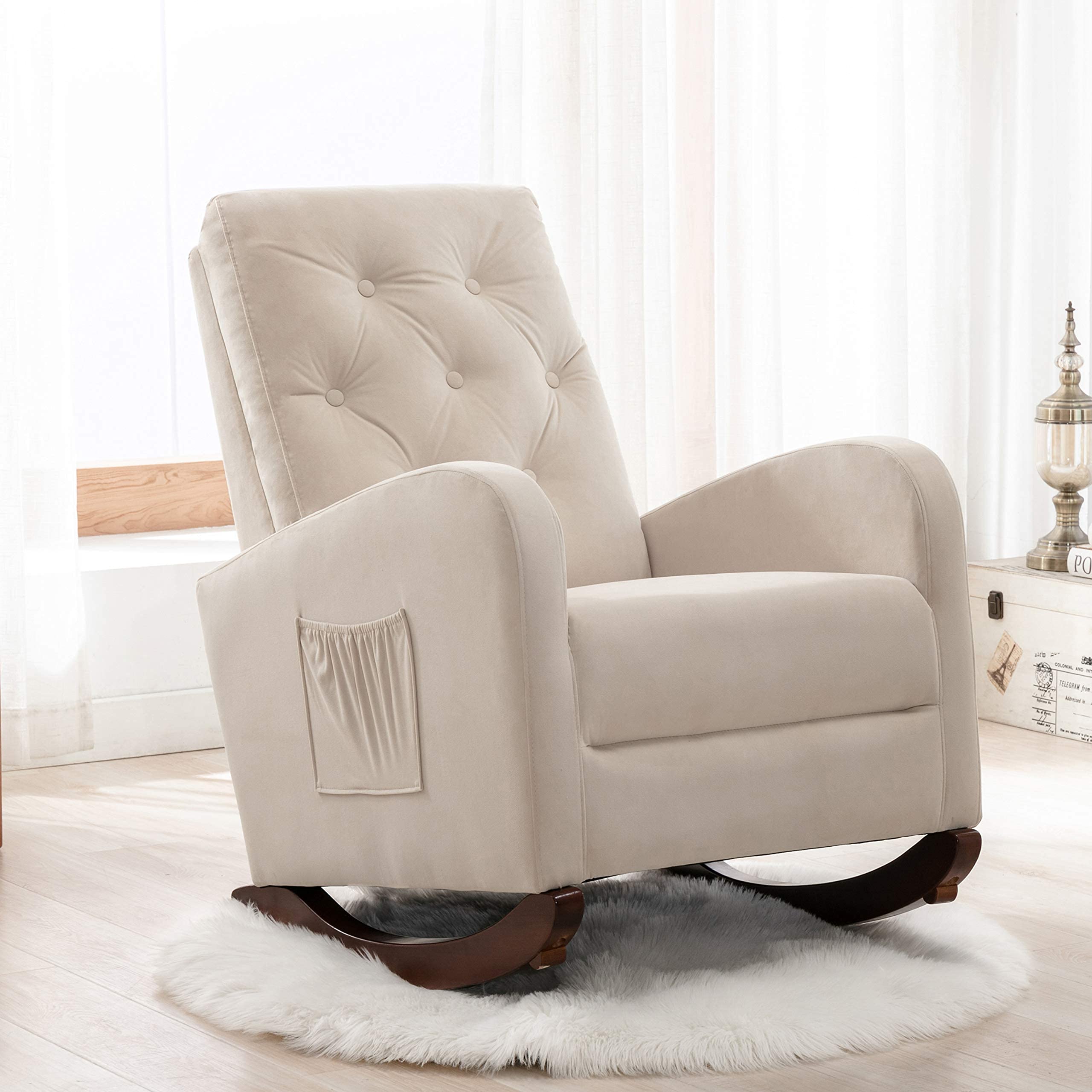 HomVent Baby Nursery Rocking Chair - High Back Comfortable Rocker with Padded Seat, Modern Armchair for Breastfeeding & Relaxing (Beige) | Perfect for Nurseries, Bedrooms & Living Rooms