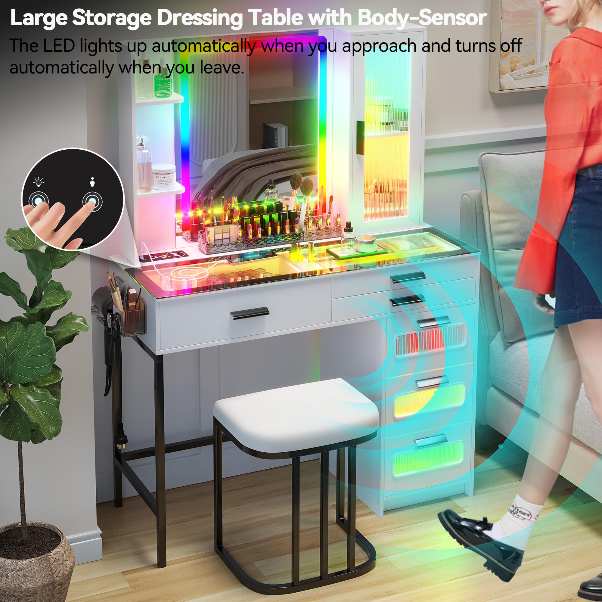 HENBC White LED Vanity Desk with Mirror, Wireless Charging Station (USB+Type-C), RGB Makeup Table Set with Stool, Organizer & 6 Drawers - Perfect for Bedroom, Dressing Room & Beauty Salon Makeup Application