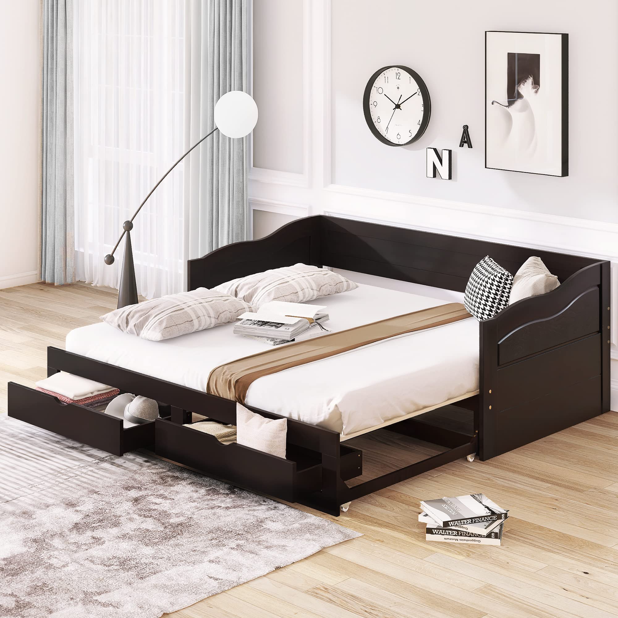 Wooden Daybed with Trundle & Storage - Twin to King Sofa Bed for Bedroom & Living Room