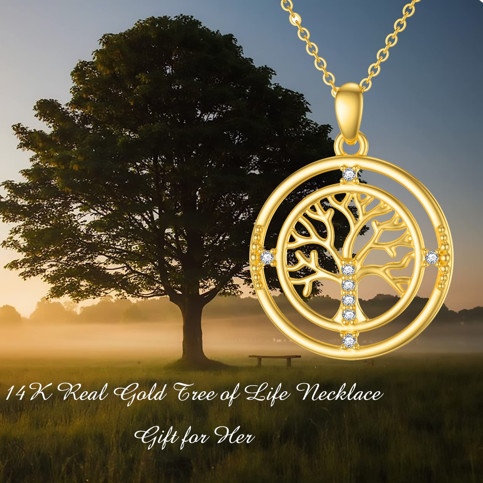 14K Real Gold Tree of Life Necklace for Women - Yellow Gold Family Tree Pendant with Cubic Zirconia - Elegant Jewelry Gift for Birthday, Christmas, Anniversary - 16+1+1 Inch - Perfect for Everyday Wear, Special Occasions & Meaningful Gifts