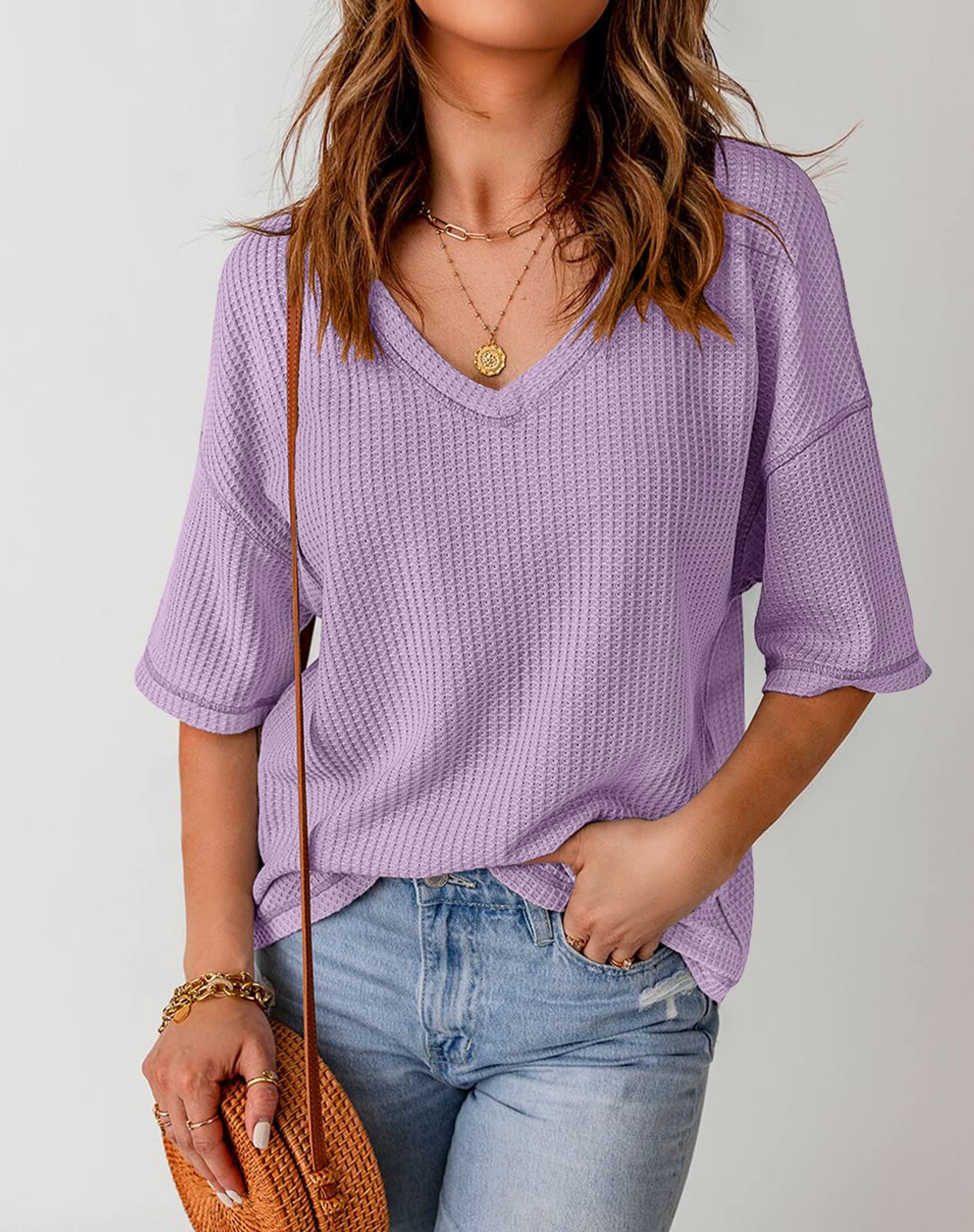 MEROKEETY Women's V Neck Batwing Half Sleeve Waffle Knit Blouse - Loose Fit Casual Solid Color Top for Work, Date Night & Weekend Outings