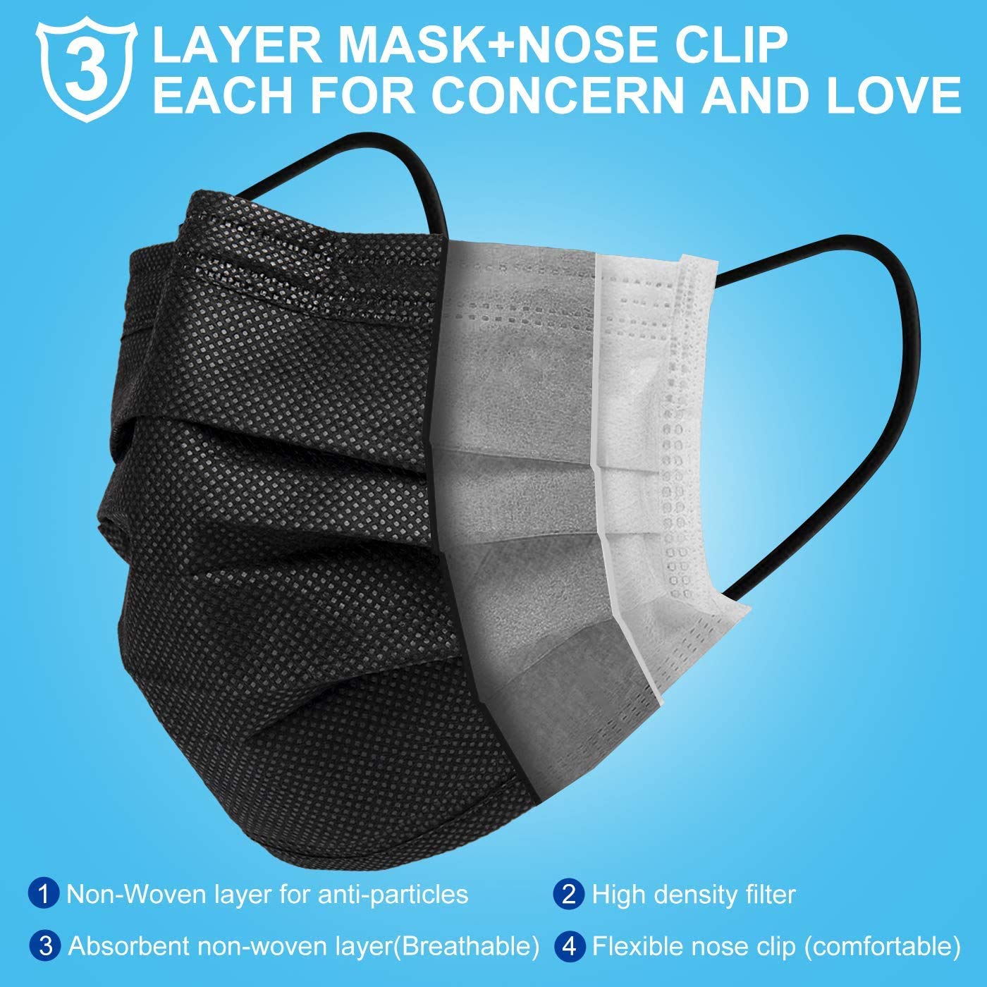 Wisezag Black Disposable 3-Ply Surgical Face Masks with Nose Clip - 50 Pack for Men & Women - Perfect for Daily Protection, Travel & Public Safety