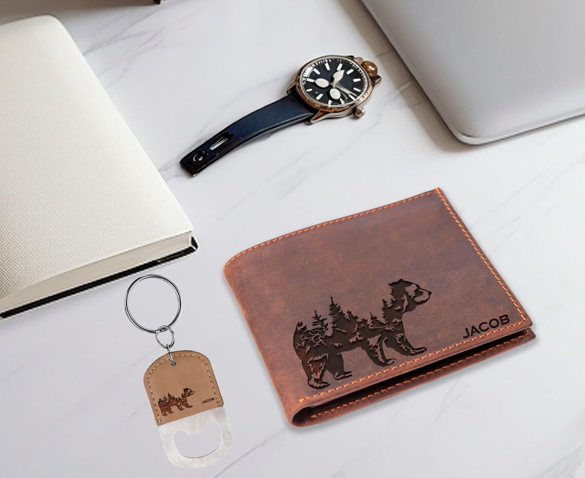 Custom Engraved Grizzly Bear Leather Wallet for Men - Personalized Name Wallet, Valentine's Day Gift for Husband, Birthday Present from Mom to Son - Perfect for Everyday Use & Special Occasions