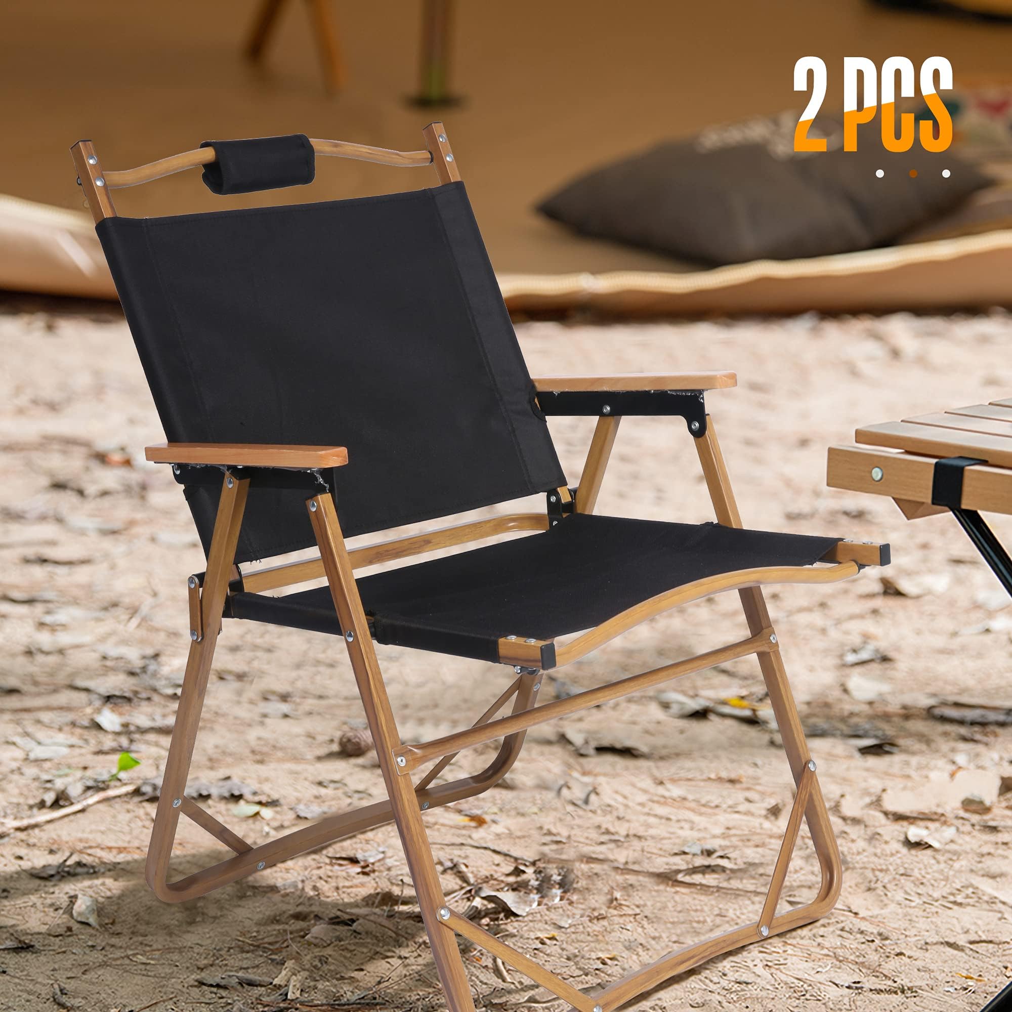 TRY & DO 2 Pack Folding Beach Chairs with Aluminum Frame & Wooden Armrests - Lightweight Portable Outdoor Chairs for Patio, Picnic, BBQ, Camping & Beach - Wood Grain Coating & Back Pocket Included - Perfect for Backyard Relaxation, Poolside Lounging & Summer Travel