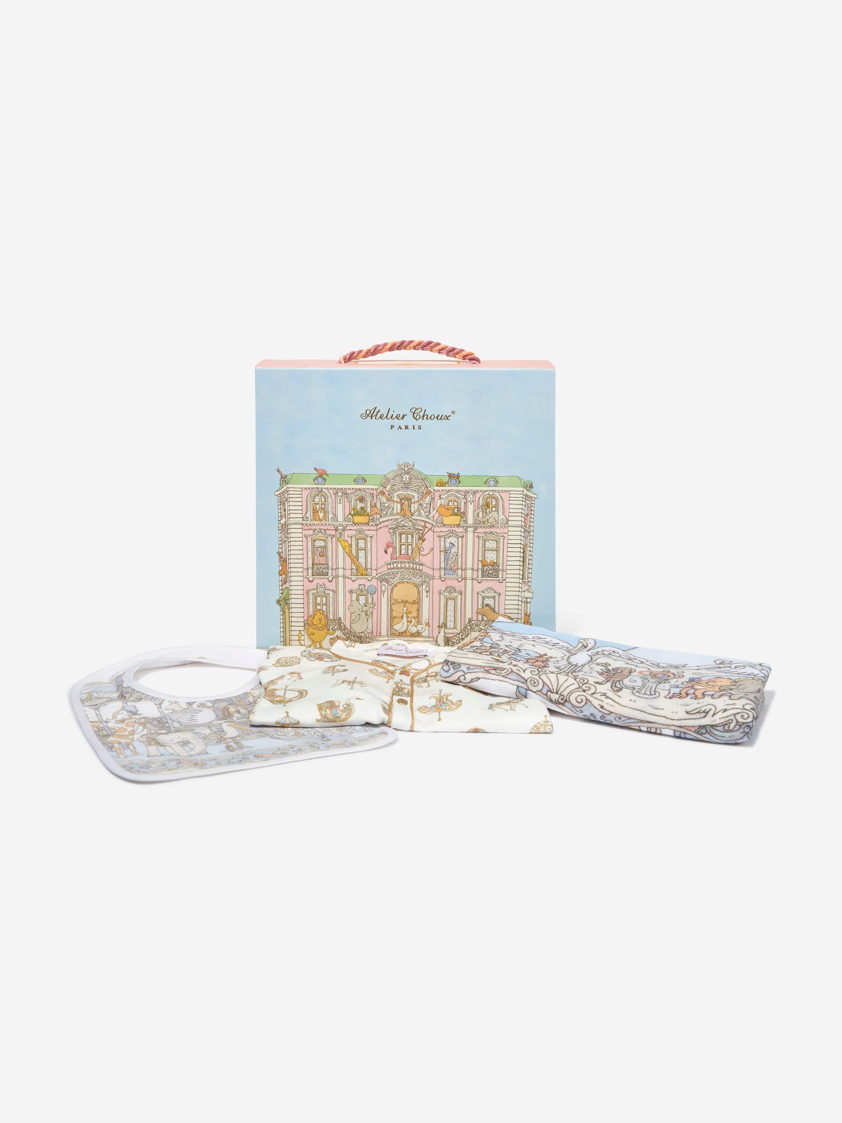 Atelier Choux Baby Boys Carousel Gift Set - Blue Cotton Swaddle Blanket & Romper | Perfect Baby Shower, Newborn Photo Shoot & Nursery Decor Gift