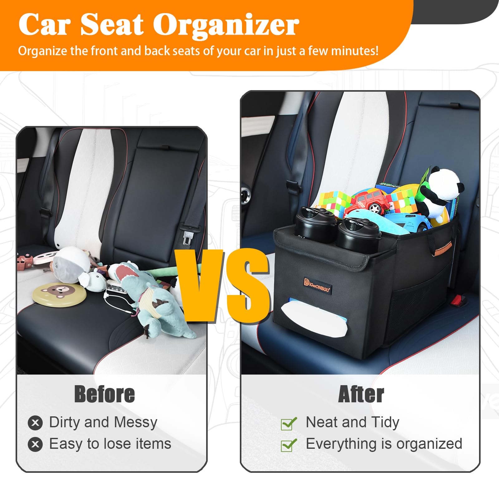 Car Seat Organizer with Cooler Compartment & Cup Holder - Black Multi-Pocket Car Storage Organizer for Front & Back Seats | Perfect for Road Trips, Family Travel & Kids' Toys Organization