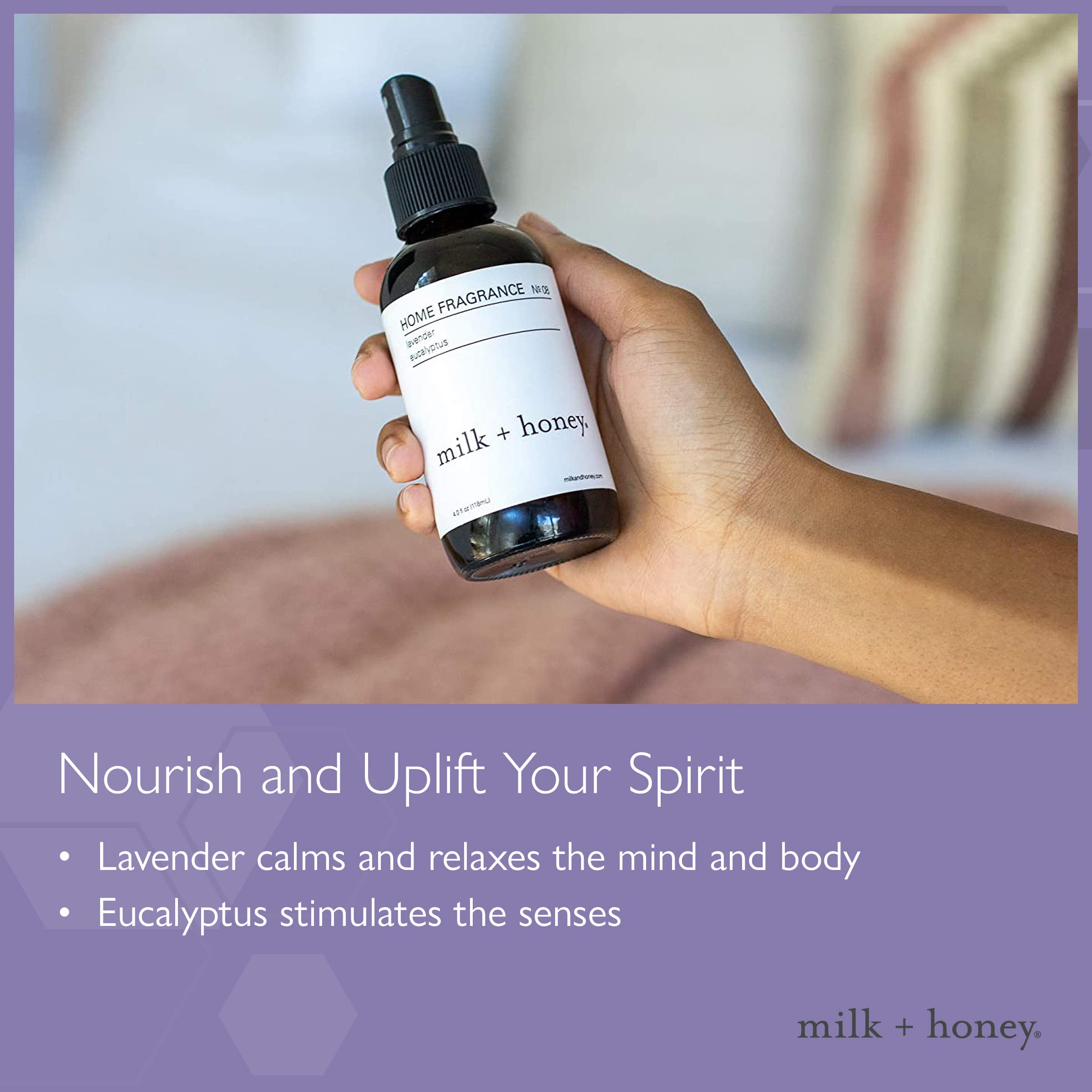 milk + honey Home Fragrance No. 08 - Lavender & Eucalyptus Essential Oil Aromatherapy Spray | Calming & Relaxing Room Air Freshener | 4 Oz | Perfect for Bedroom, Bathroom & Office Stress Relief