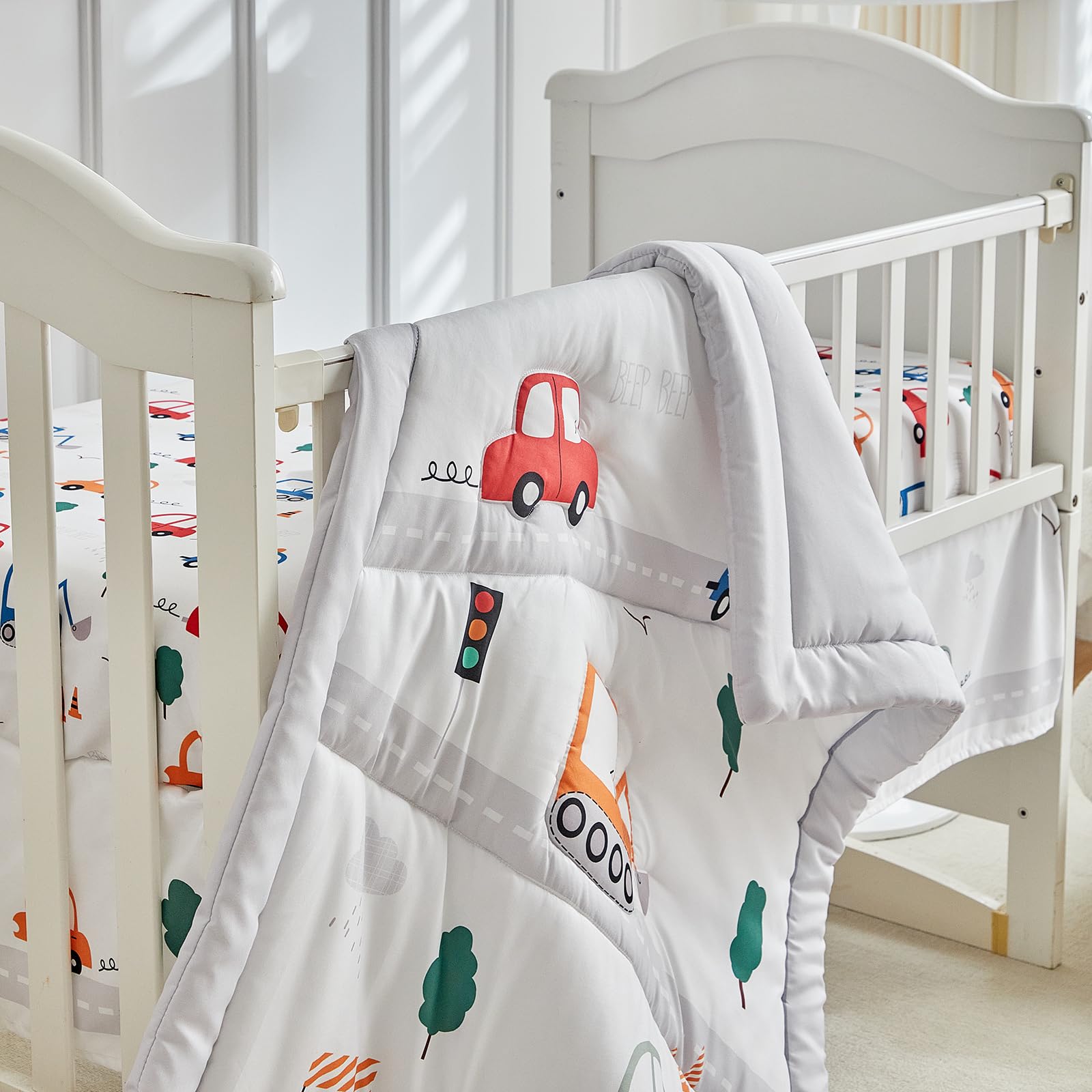 3-Piece Car Themed Crib Bedding Set for Boys - Soft Nursery Comforter Set with Quilted Blanket, Fitted Sheet & Bed Skirt | Perfect for Baby Shower Gifts & Nursery Decor