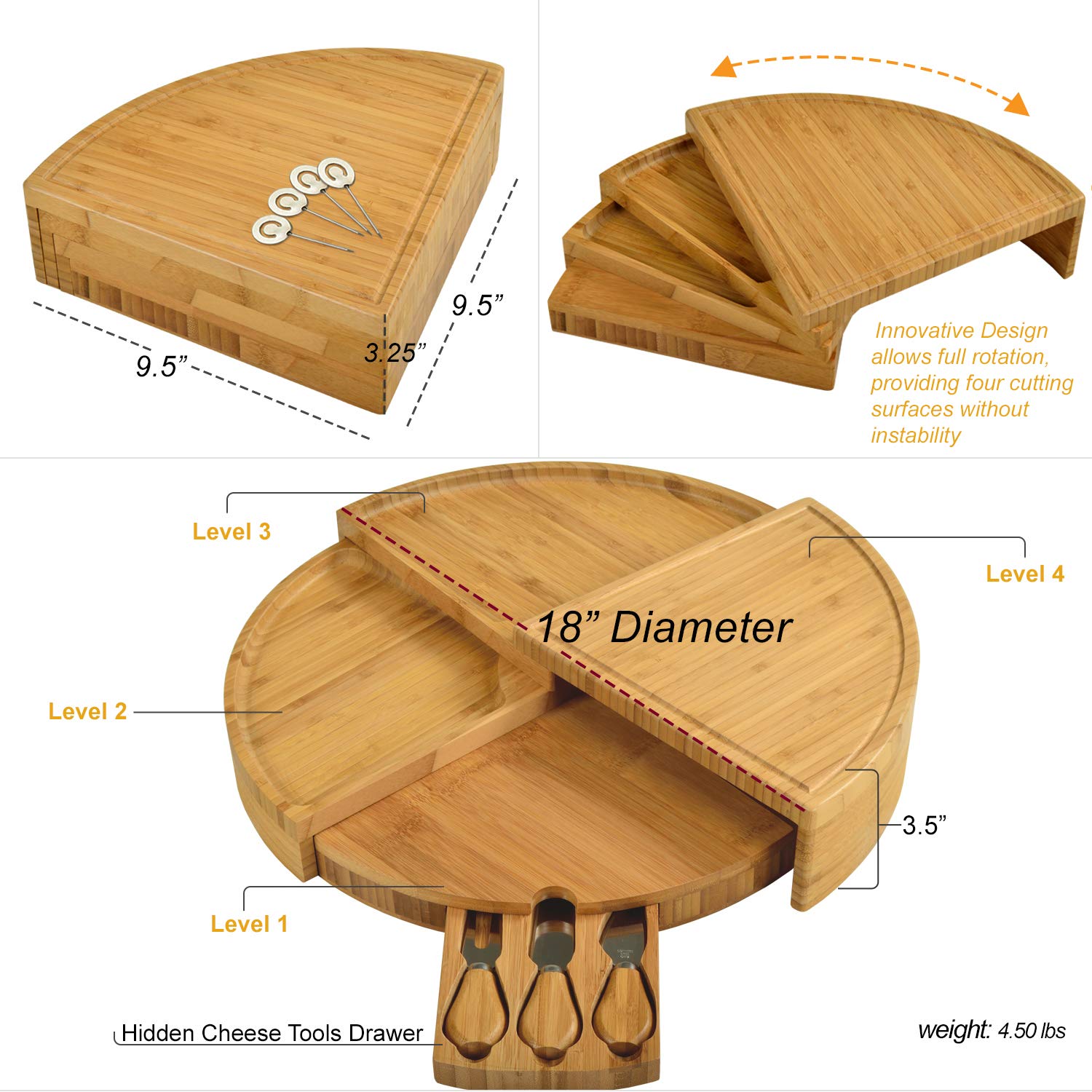 Personalized Monogrammed Bamboo Cutting Board with Knives & Cheese Markers - Engraved Charcuterie Board for Cheese, Charcuterie & Entertaining - Compact Wedge Design Expands to 18
