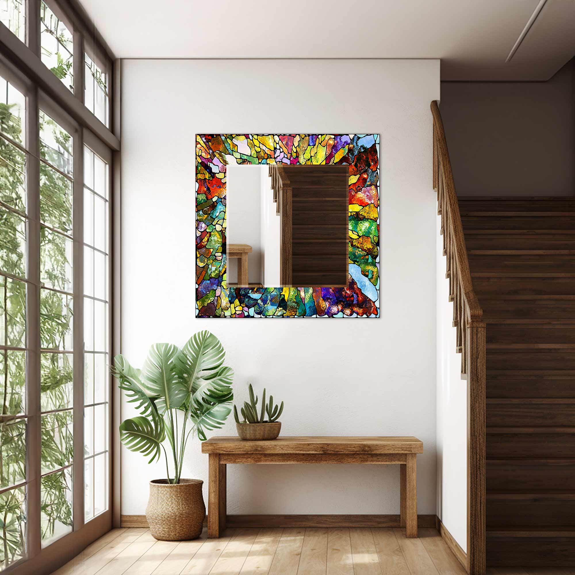Vibrant Stained Glass Effect Tempered Mirror - Shatterproof Decorative Wall Mirror for Home Decor, Bathroom, Living Room & Bedroom