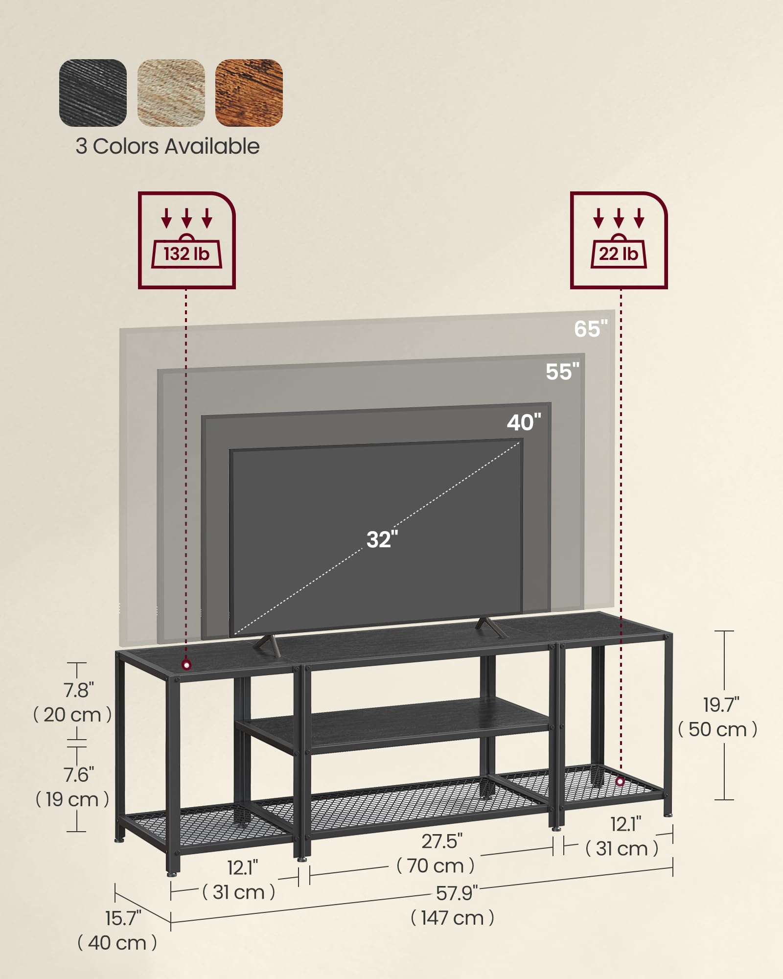 VASAGLE 65 Inch Modern TV Stand, 3-Tier Industrial Entertainment Center with Open Storage Shelves - Wood Grain Black TV Console Table for Living Room & Bedroom - Perfect for Home Theater Setup & Media Storage Organization