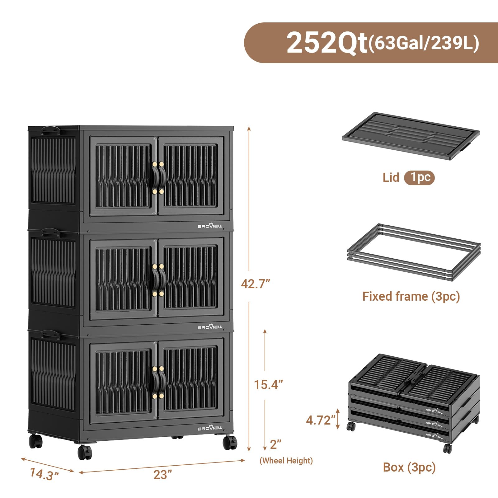 84 Qt Stackable Storage Bins with Lids - 3-Pack Black Collapsible Closet Organizer with Wheels | Plastic Storage Drawers for Clothes, Toys & Home Organization | Perfect for Bedroom, Garage & Dorm Room Storage Solutions