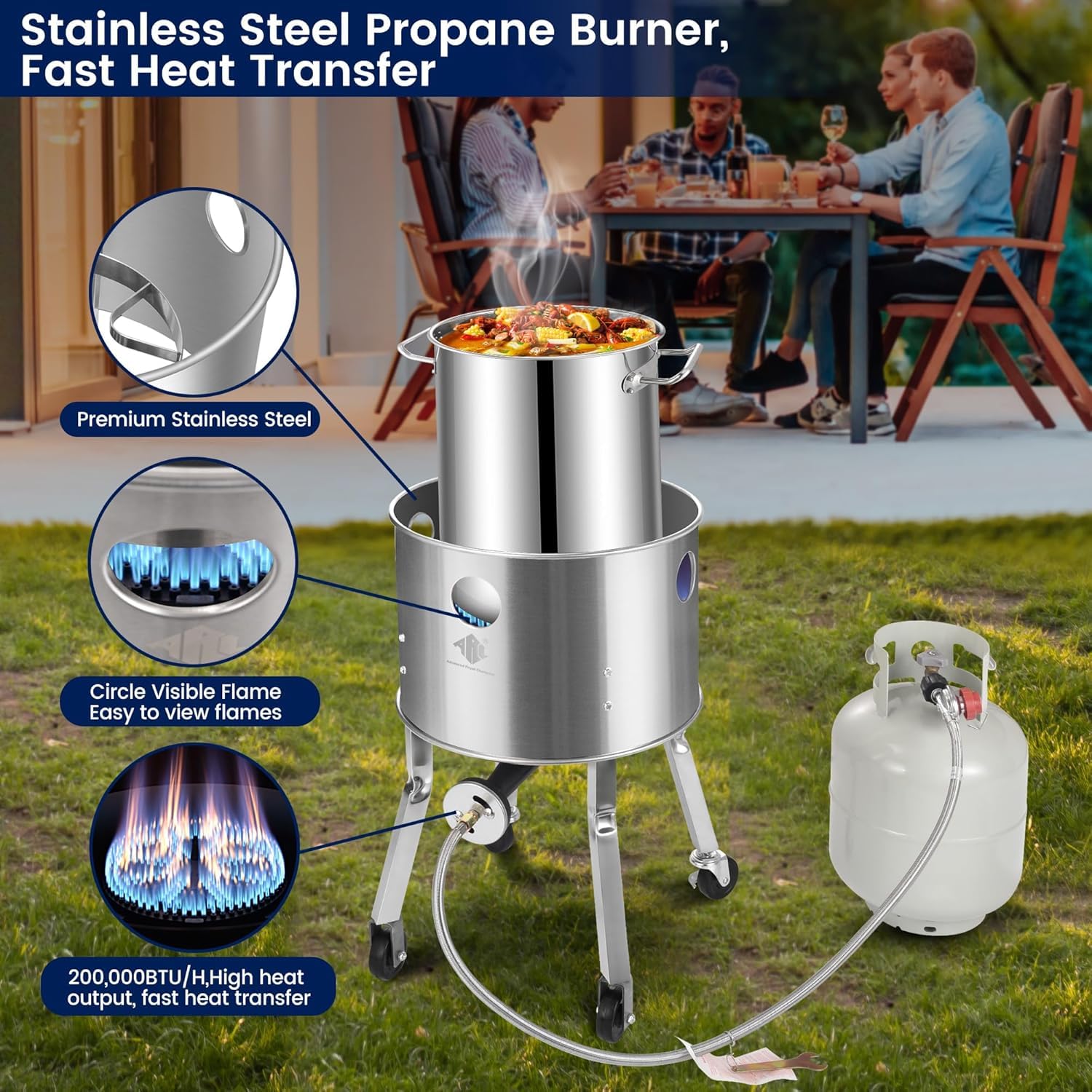 **ARC 64QT Stainless Steel Seafood Boiling Kit – 200,000 BTU Propane Burner with Crawfish Pot, Strainer, Wheeled Legs & 360° Windscreen – Outdoor Cooking, Steaming & Turkey Frying for Backyard, Camping & Parties**