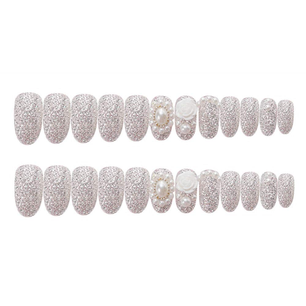 24PCS HUJL False Nails Set - Round Silver Fake Nails with White Flower Pearl Applique for Bridal Wedding, Manicure, Party & Special Occasions