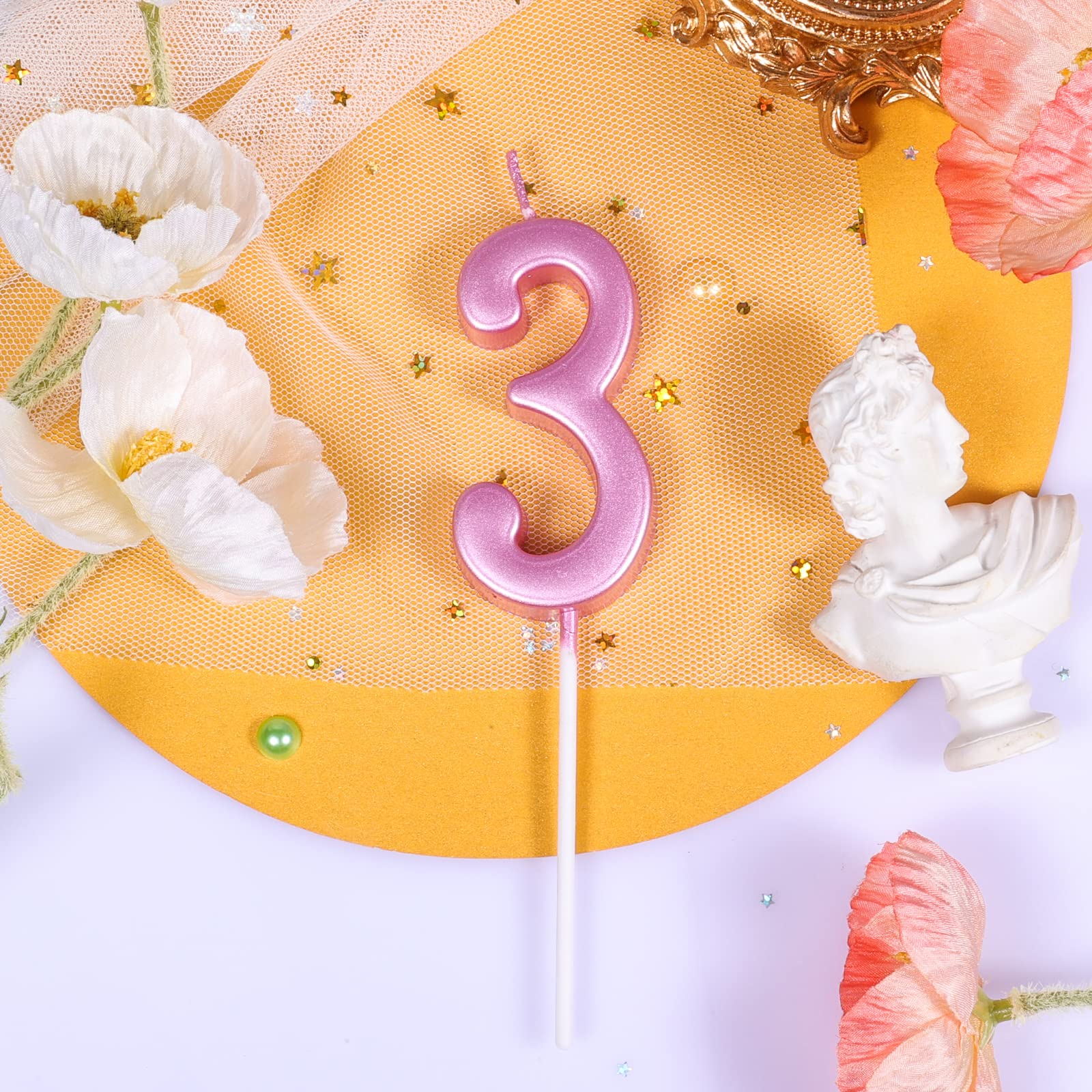 AIEX 2.76 Inch/7cm Pink Number 3 Cake Candles - Birthday Wedding Anniversary Party Decorations - Perfect for Cakes, Cupcakes, and Dessert Toppings