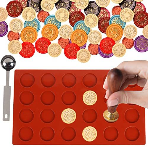 Premium Silicone Wax Seal Mat for DIY Crafts - 24-Cavity Wax Sealing Pad with Melting Spoon & 50 Removable Adhesive Dots - Perfect for Wedding Invitations, Gift Wrapping, Scrapbooking & Calligraphy (Red)