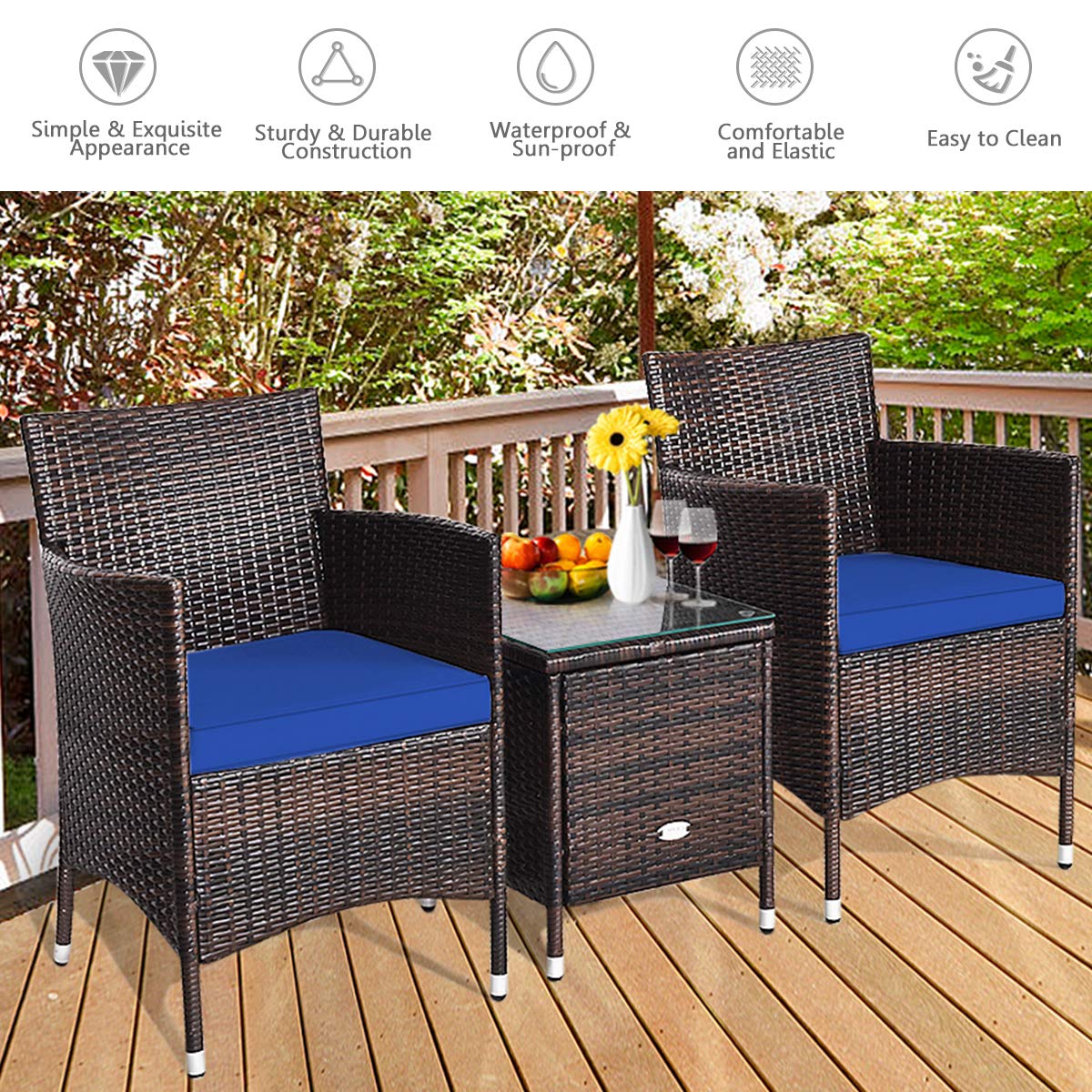 RELAX4LIFE 3-Piece Outdoor Patio Furniture Set with Removable Cushions - Rattan Wicker Conversation Set with Square Coffee Table - Navy Blue Bistro Set for Garden, Balcony, Poolside & Backyard Relaxation