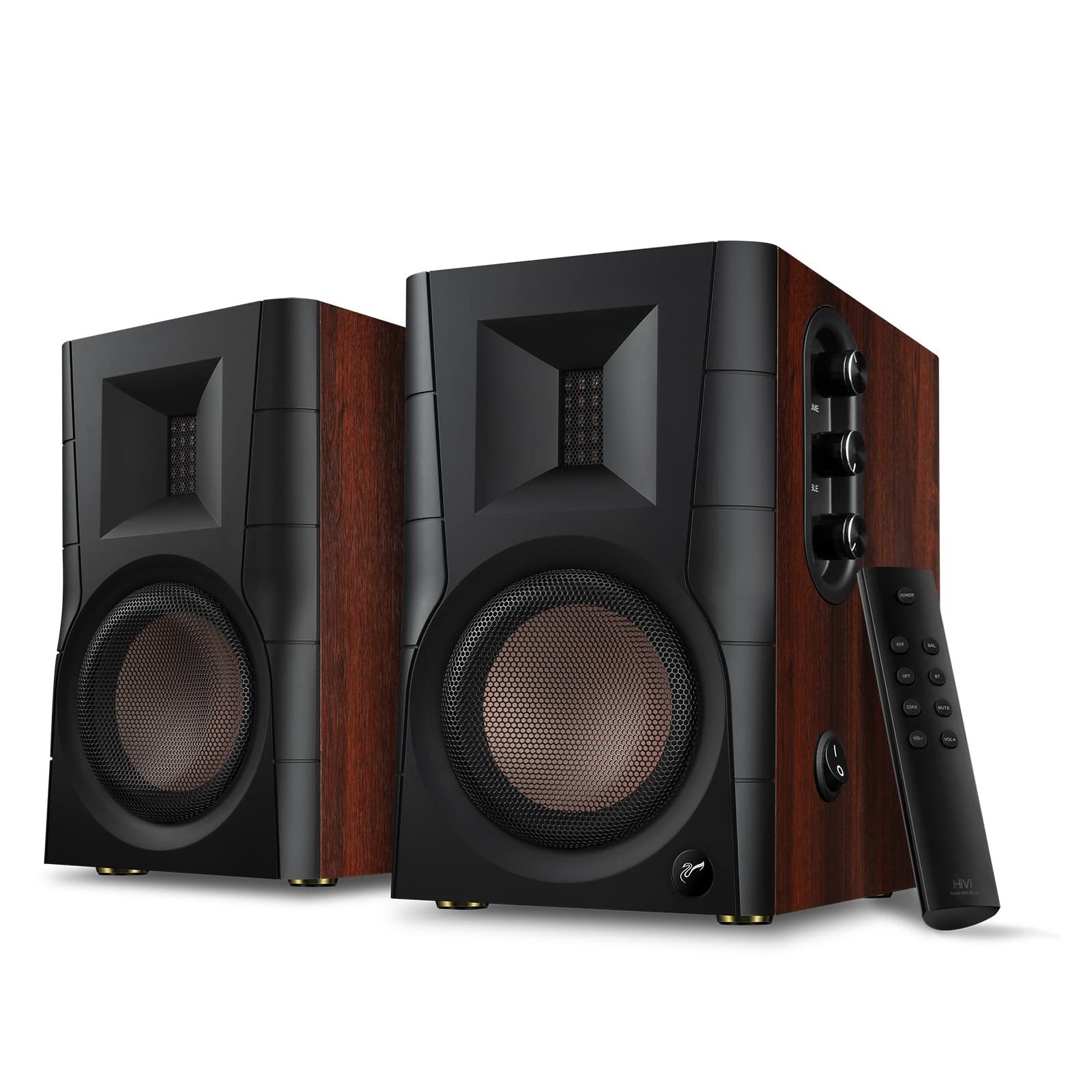 HiVi-Swans D100 Bluetooth Bookshelf Speakers - 4 Inch Powered Desktop Stereo Speakers with 62W RMS, Wood Grain Finish - Perfect for Home Theater, Gaming, Music Listening & PC Setup (Pair)