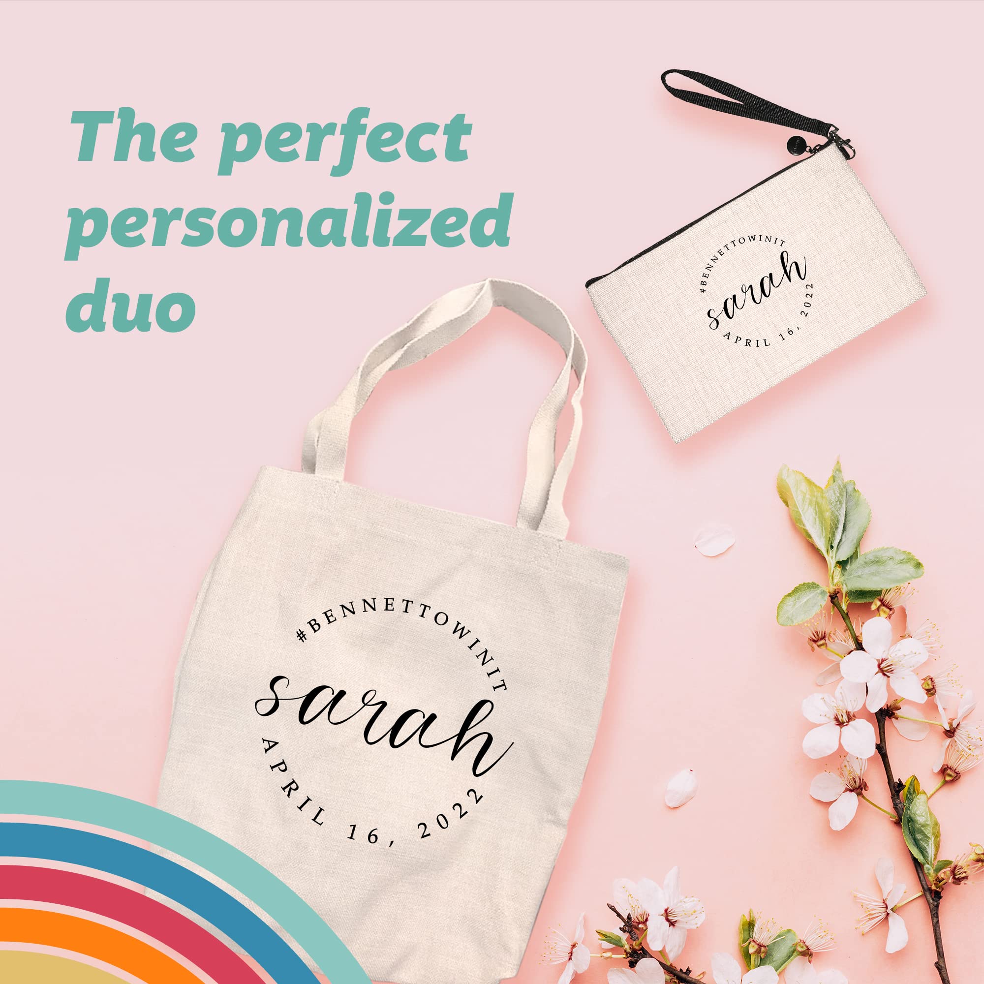 Personalized Bridesmaid Gift Set - Custom Graphic Canvas Tote Bag & Makeup Pouch - Wedding Party Favors, Bachelorette Party Essentials - Perfect for Bridal Showers, Wedding Prep & Girls' Trips