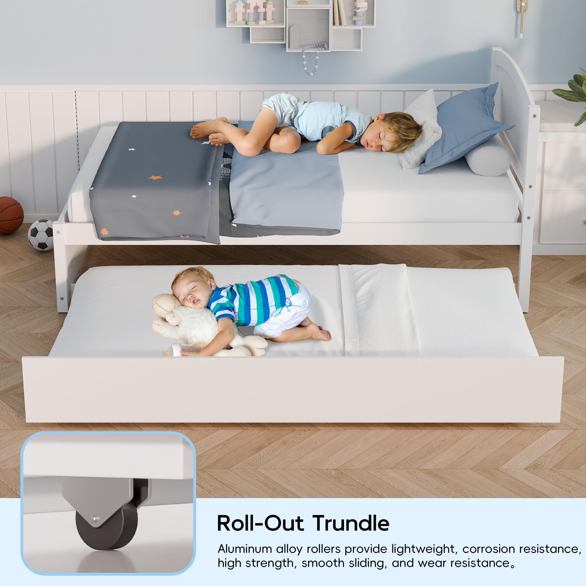 Solid Wood Twin Size Daybed with Trundle - Pull Out Extendable Guest Bed with Slat Support (White) - Perfect for Small Spaces, Guest Rooms & Dorm Rooms