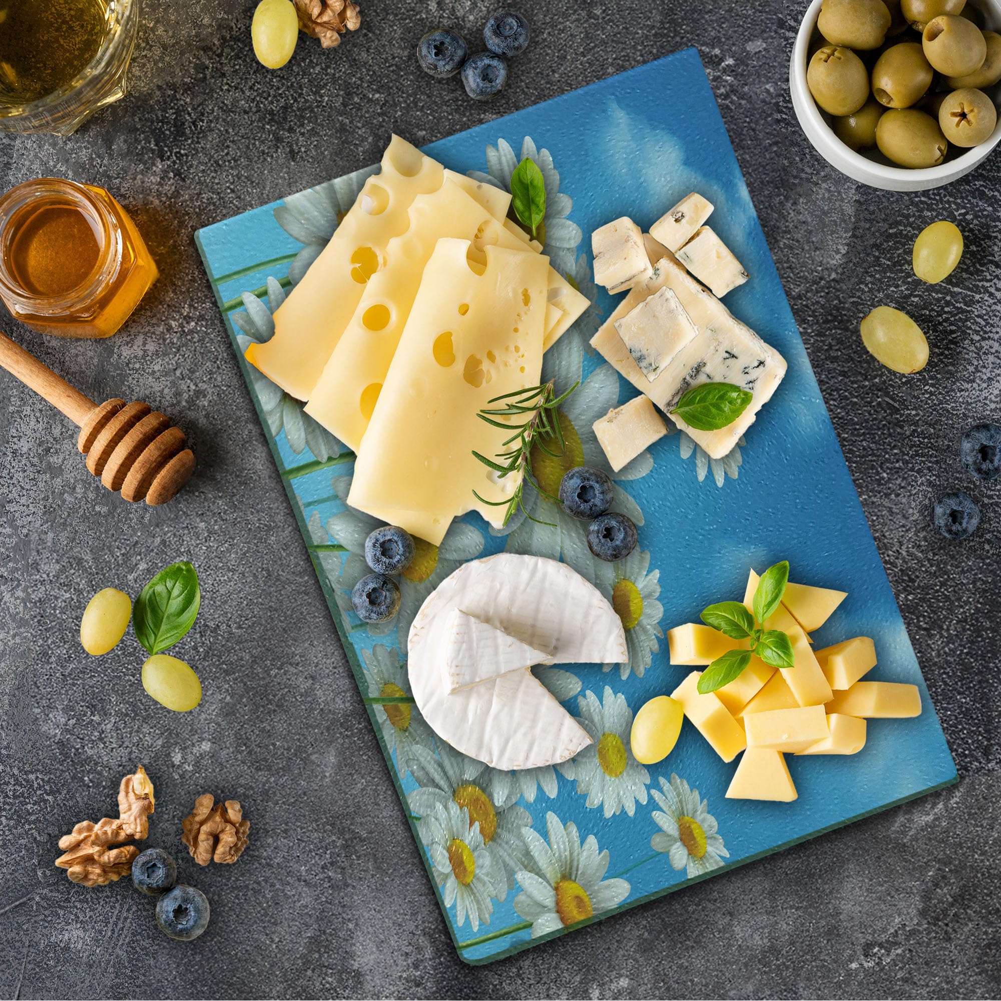 Lunarable Daisy Cutting Board - Blue Sunny Day Summer Sky Meadow Botanical Petals Design - Tempered Glass Decorative Serving & Cutting Board - Small Size Sky Blue Mustard - Perfect for Cheese Platters, Charcuterie & Kitchen Decor