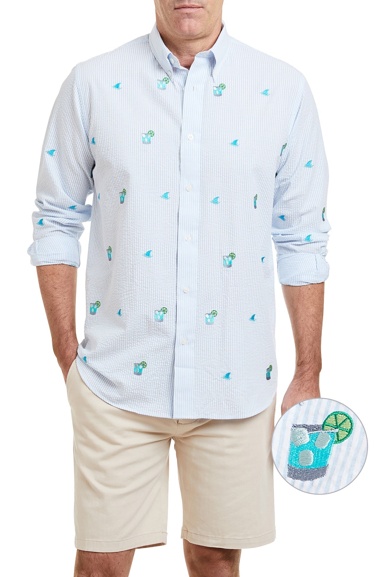 Chase Shirt Blue Seersucker with Fin & Tonic - Stylish Men's Casual Button Down Shirt for Summer Beach & Outdoor Parties