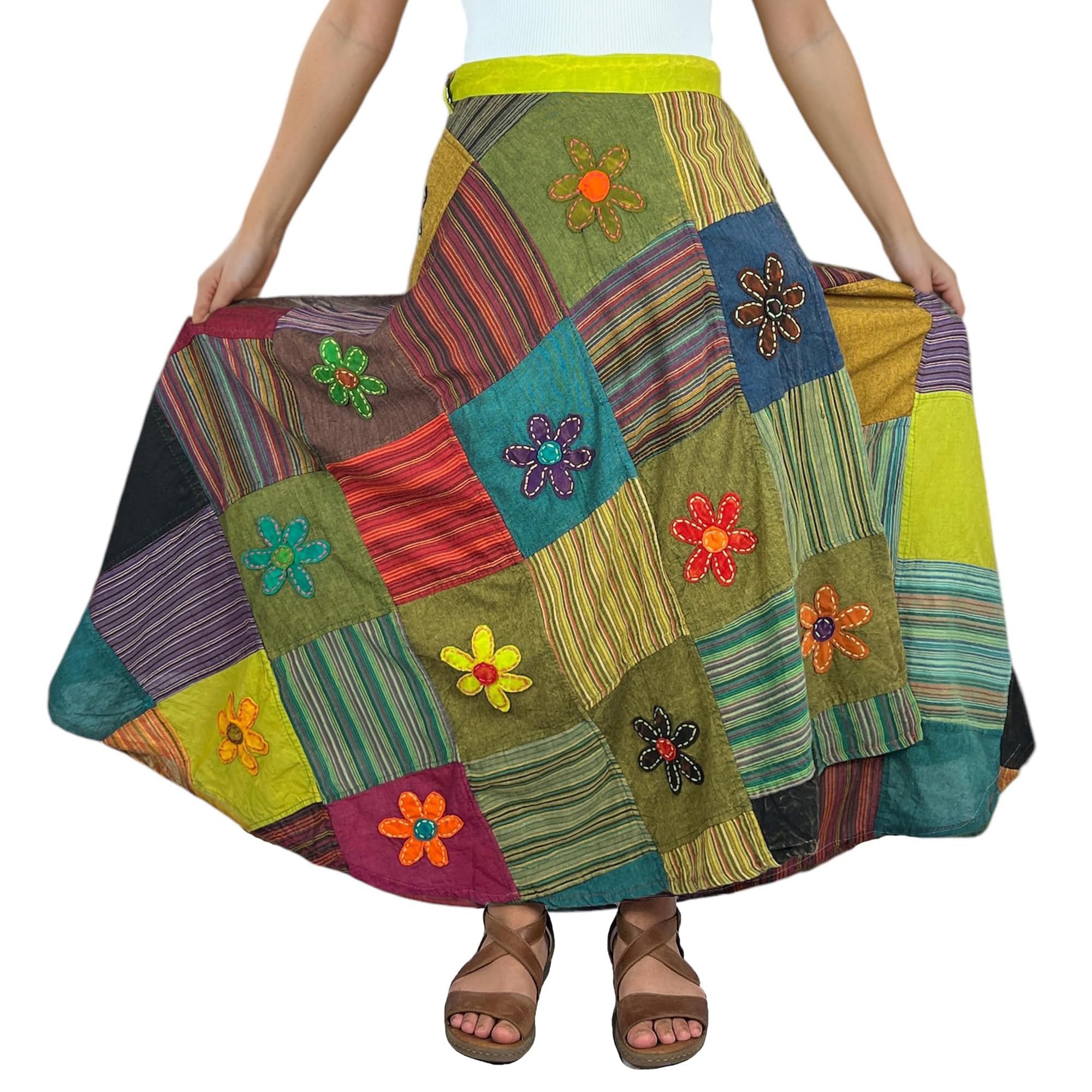 2025 Women's Boho Maxi Skirt - High Waisted Long Bohemian Wrap Skirt with Patched Tie Up for Spring & Fall | Perfect for Beach Vacations, Music Festivals & Casual Outings