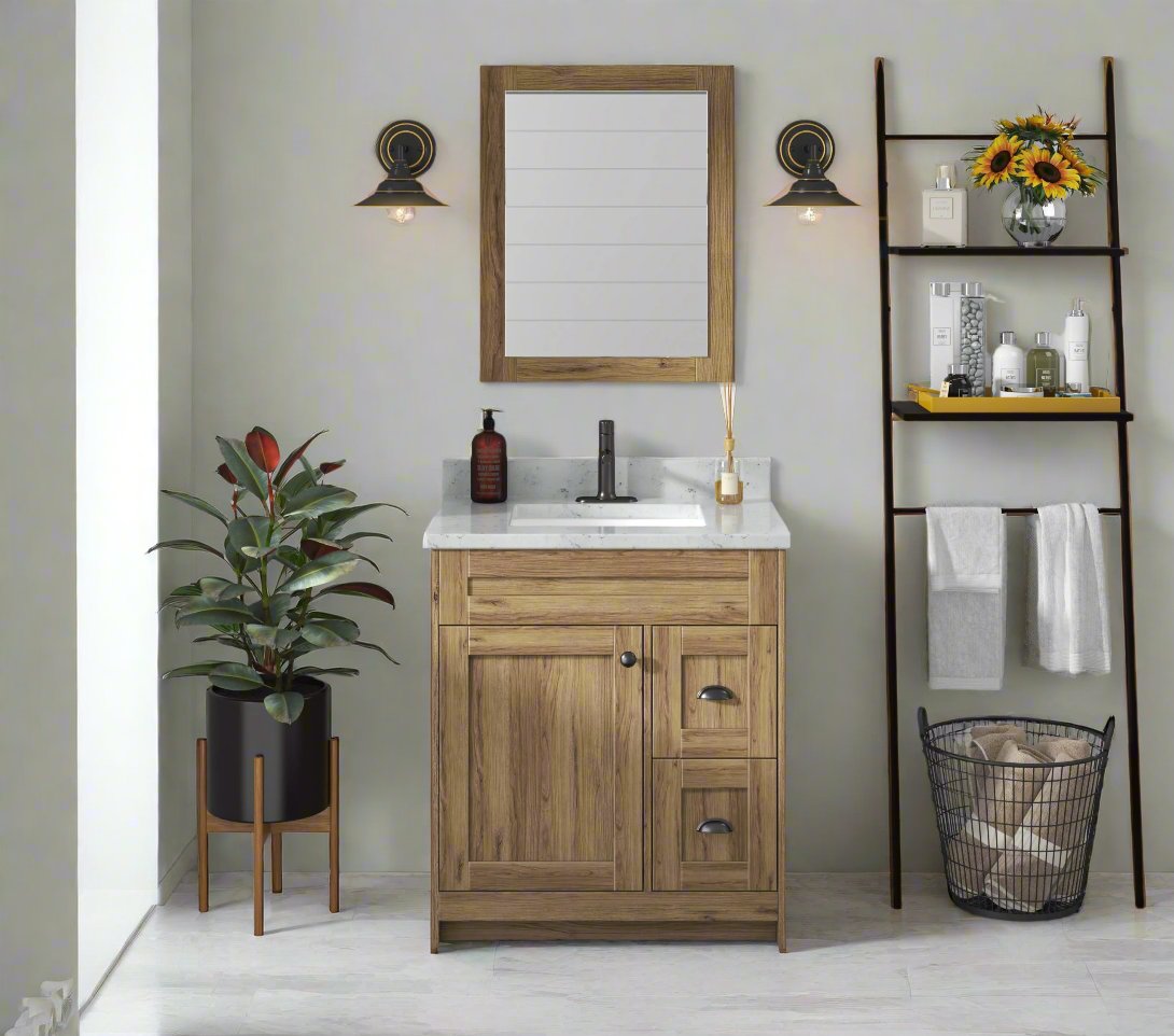 Vintage Oak Bathroom Vanity with Quartz Top - 30