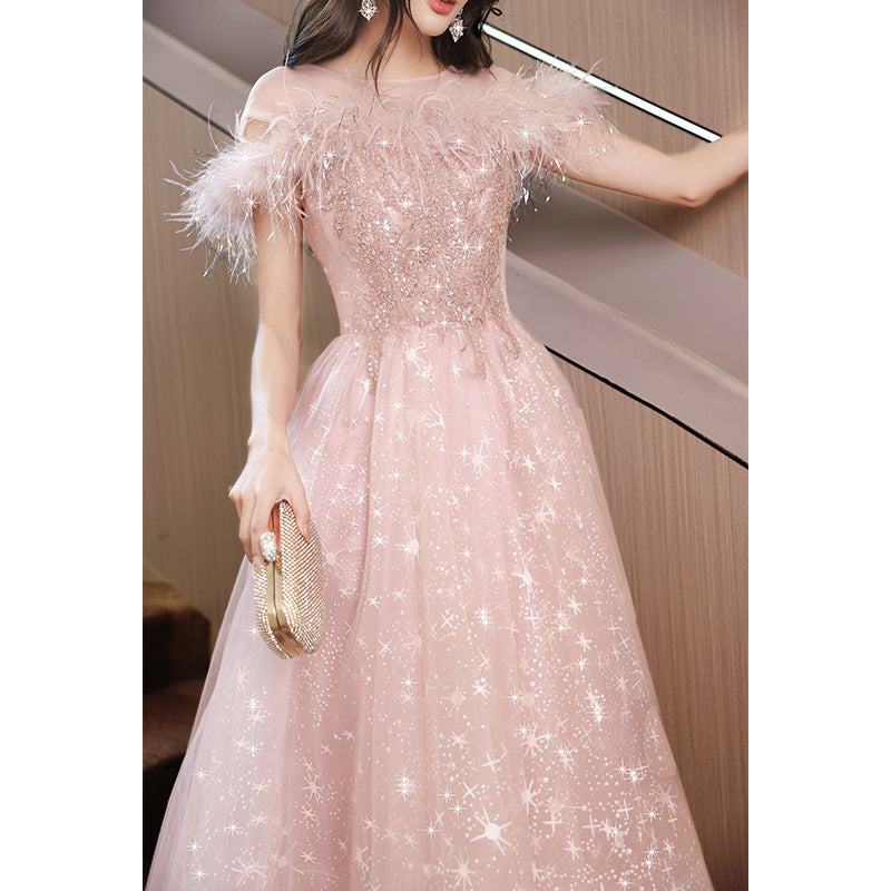 Elegant Off Shoulder Pink Shiny Prom Dress with Feather Details | A-Line Sweet Party Gown for Women | Perfect for Homecoming, Prom Night, and Formal Events