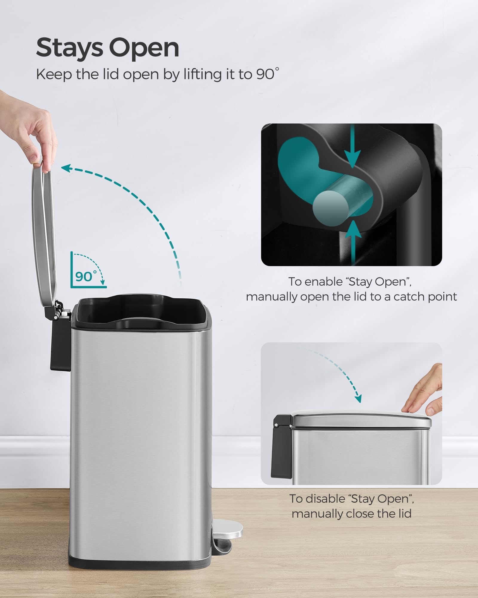 SONGMICS 5.2-Gallon Stainless Steel Step Trash Can with Lid - Soft Close, Stay Open Feature & Inner Bucket - Includes 15 Trash Bags - Perfect for Kitchen, Bathroom, Office, or Garage Waste Disposal (Silver, ULTB543E01)