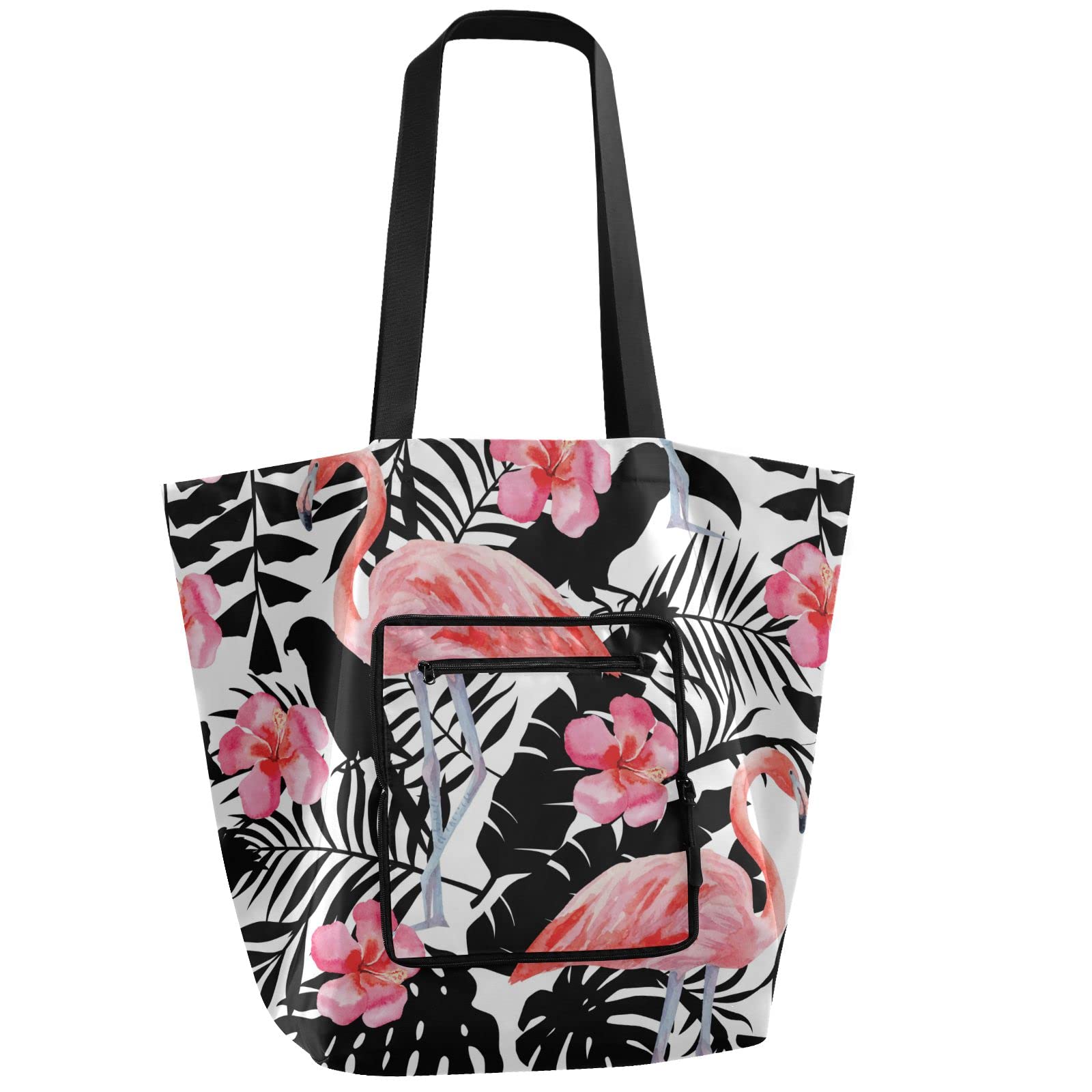 Eco-Friendly Reusable Grocery Bags - Foldable Tropical Print Tote with Handles, Heavy Duty Polyester Shopping Bags for Groceries, Beach, Picnic & Travel | Flamingo Hibiscus Parrots Design