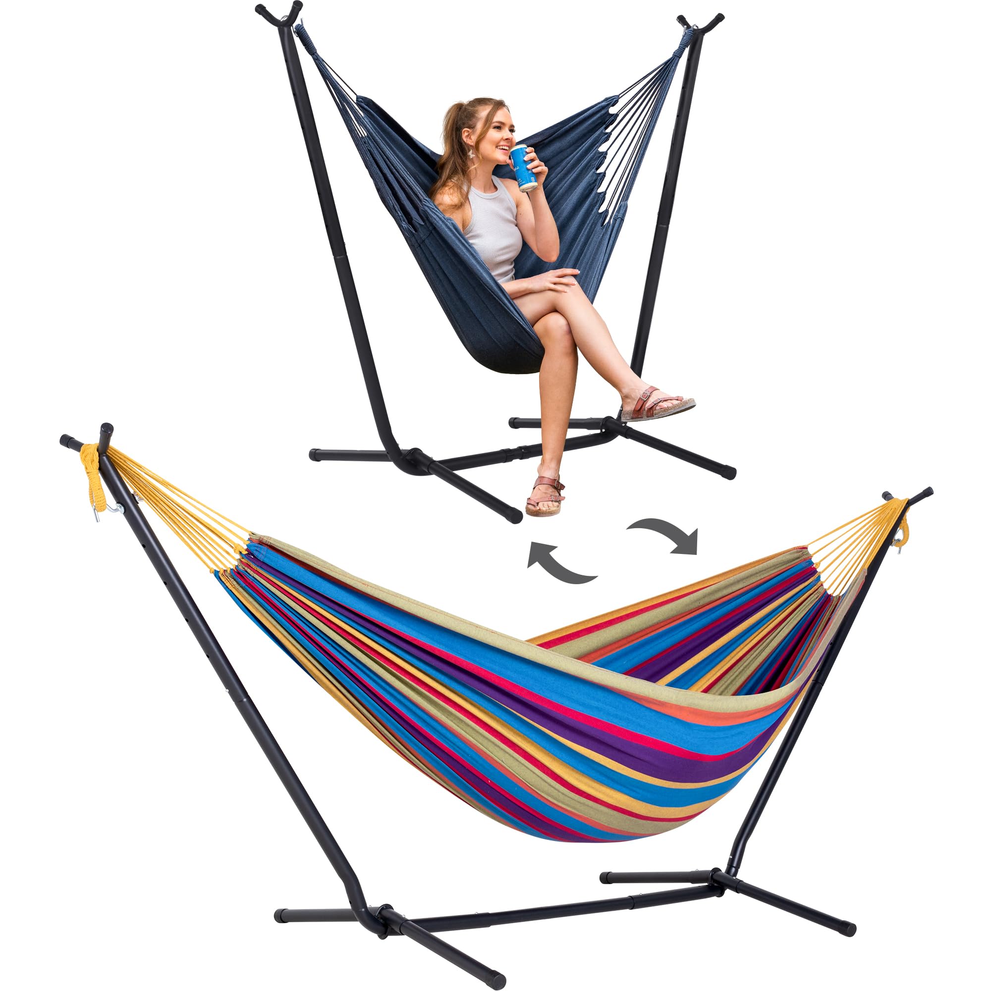 SUNCREAT 2-in-1 Convertible Outdoor Hammock with Stand - Large Patented Purple Stripe Fabric Hammock for Backyard, Garden, Patio & Camping - Perfect for Relaxation, Lounging & Outdoor Adventures