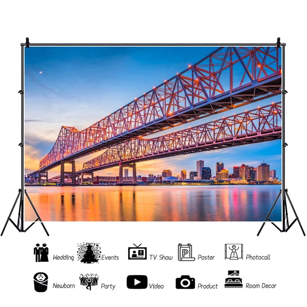 Laeacco 7x5ft New Orleans Skyline Photography Backdrop - Crescent City Bridge Vinyl Background with River Reflection & Sunset Glow | Perfect for Travel Theme Photos, Postcards, and Event Decorations