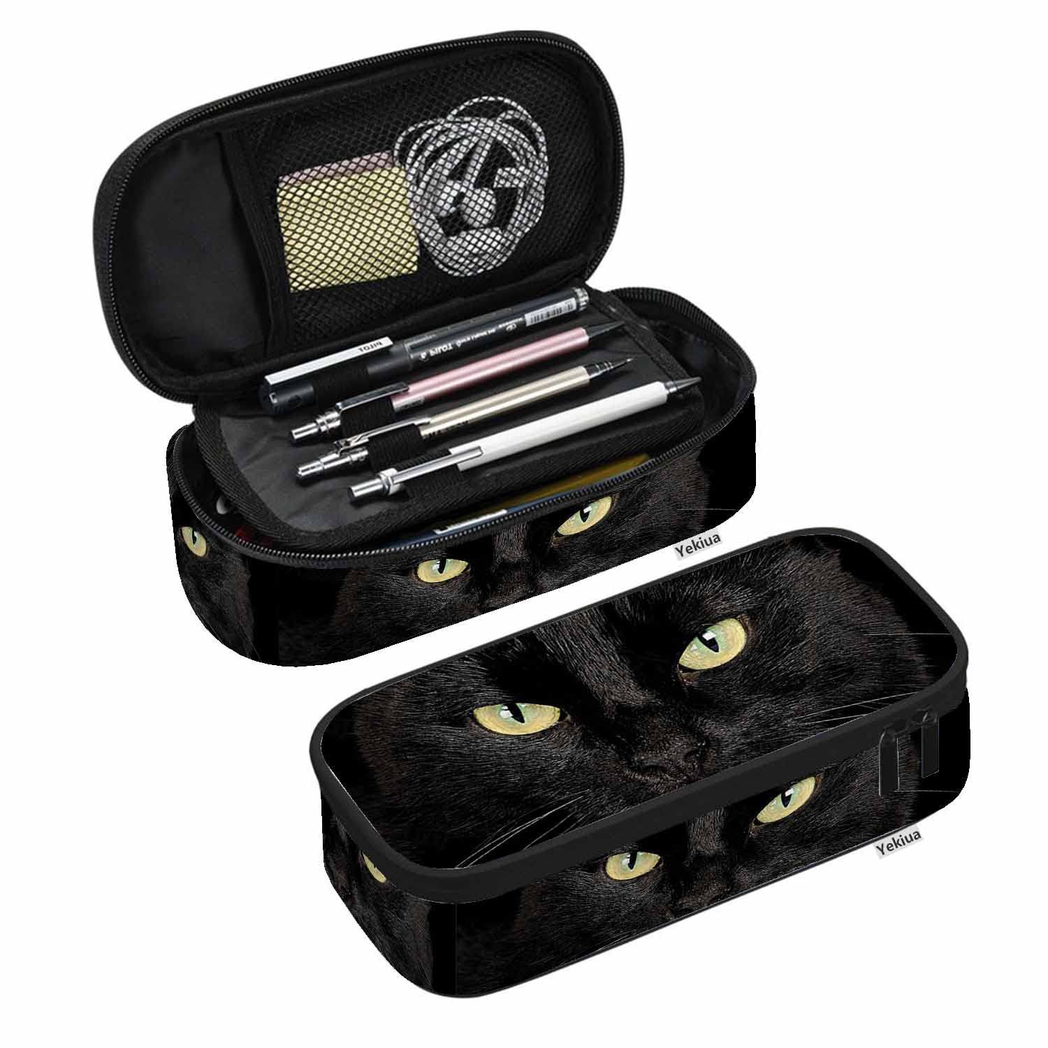 Yekiua Black Cat Pencil Case - Cute Cat Face Design with Big Eyes, Large Capacity School & Office Organizer - Perfect for Students, College Supplies & Makeup Storage