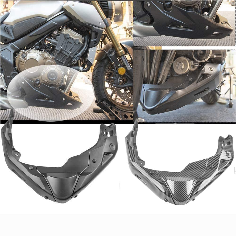 Black Motorcycle Engine Guard Cover - Carbon Fiber Look Under Cowl Lower Fairing Belly Pan for Honda CB650R (2019-2020) & CB650F (2014-2020) | Durable Protection for Street Riding & Custom Bike Builds