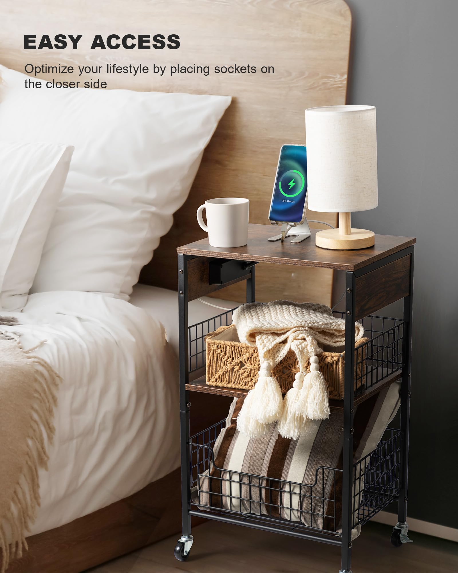 Hadulcet 3-Tier End Table with USB Charging Station & Storage Basket - Rustic Brown Metal Side Table for Living Room, Bedroom, Office - Perfect for Small Spaces, Nightstand Use & Home Organization