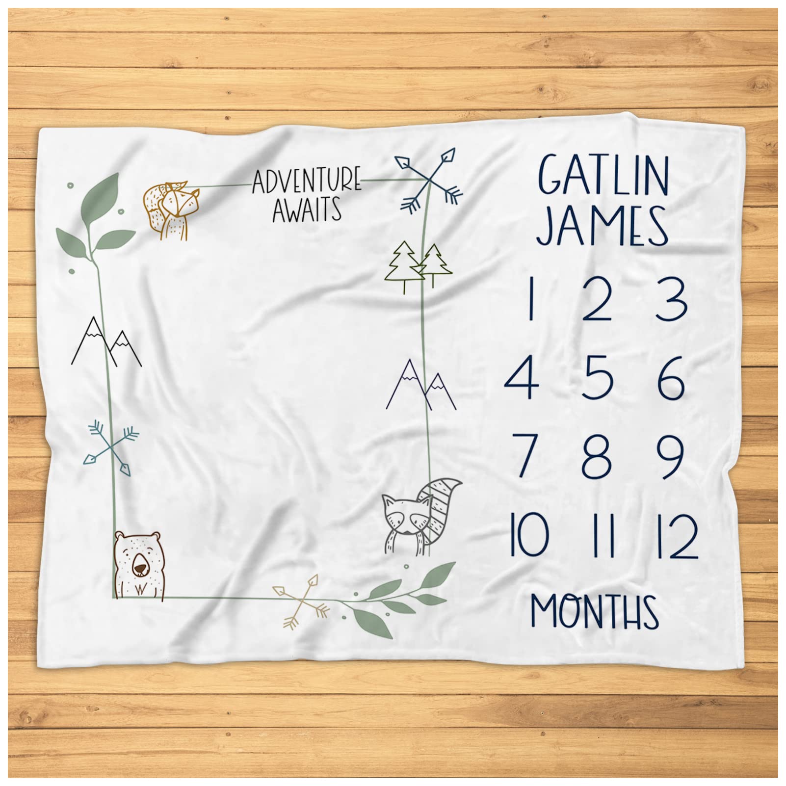 Adventure Awaits Baby Milestone Blanket - Personalized Woodland Nursery Blanket for Boys & Girls | Super Soft Plush Fleece Baby Blanket for Newborn Photography, Monthly Milestone Photos, and Cozy Nursery Decor