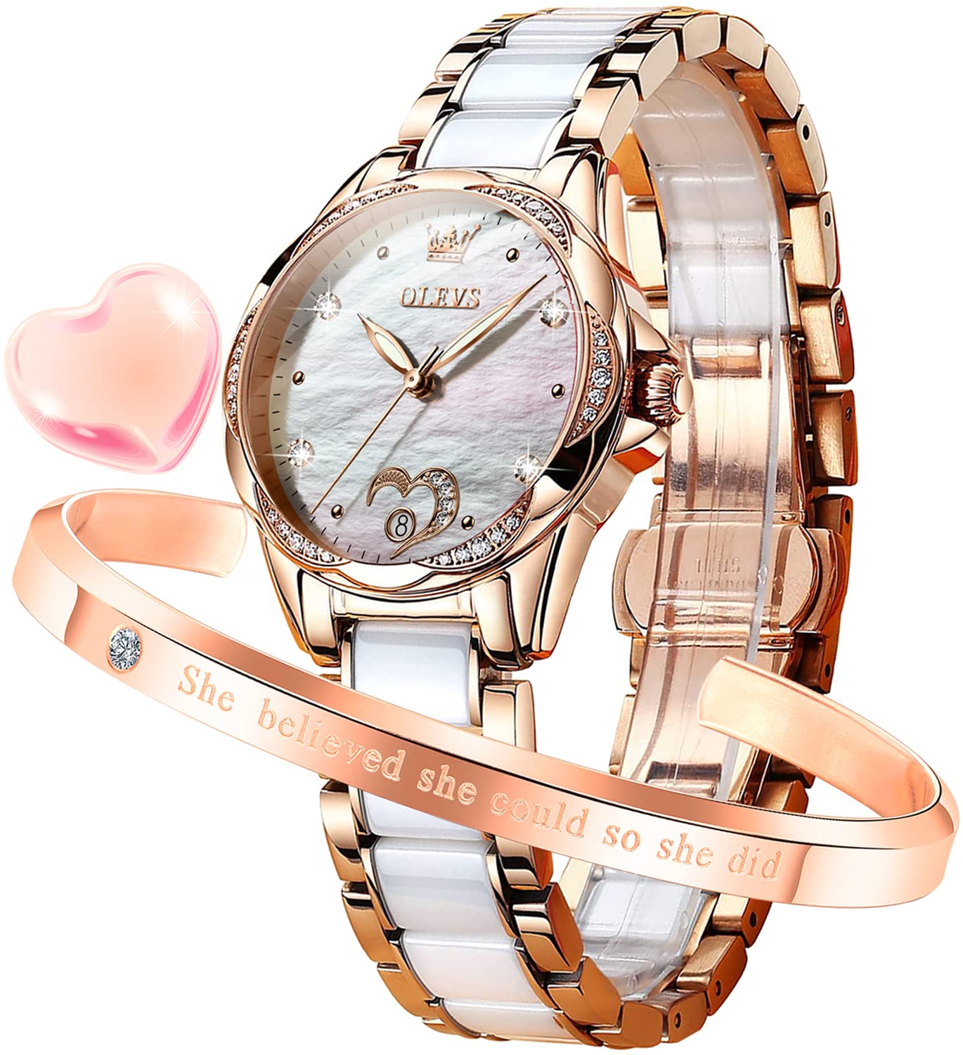 OLEVS Women's Automatic Mechanical Watch with Diamond Heart Dial, Rose Gold Ceramic Band, Waterproof & Luminous Date Display - Perfect for Formal Events, Date Nights & Everyday Elegance
