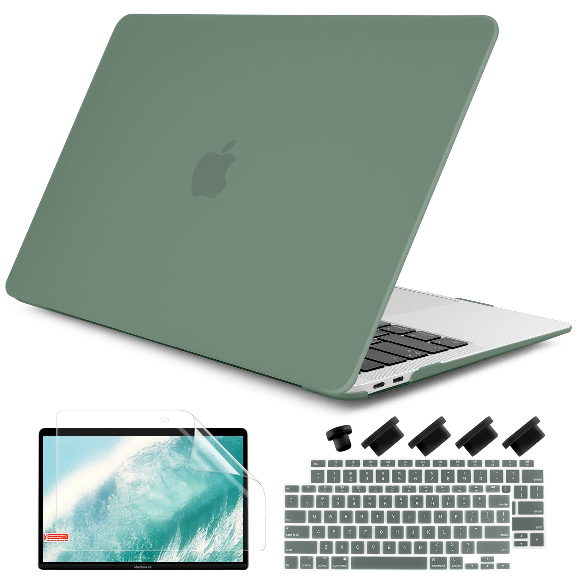 DONGKE Hard Plastic Case & Keyboard Cover for MacBook Air 13 inch (2021 2020 2019 2018 Release A2337 M1 A2179 A1932) - Compatible with Retina Display & Touch ID, Midnight Green - Perfect for Work, Travel & School Protection