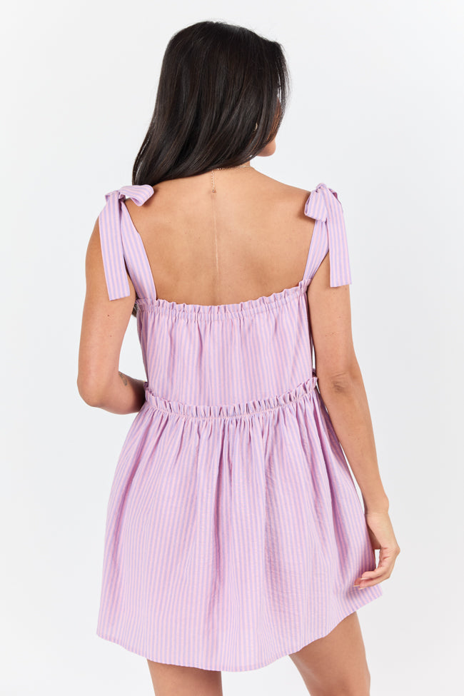Easy Living Pink and Purple Tie Shoulder Striped Mini Dress for Women - Summer Casual Party Outfit, Beach Vacation, Date Night & Special Occasions