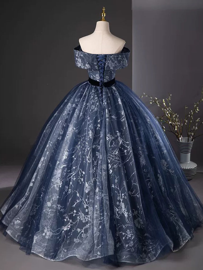 Elegant A-Line Off-Shoulder Tulle Lace Dark Blue Long Prom Dress - Formal Evening Gown for Homecoming, Ball, Wedding & Special Occasions