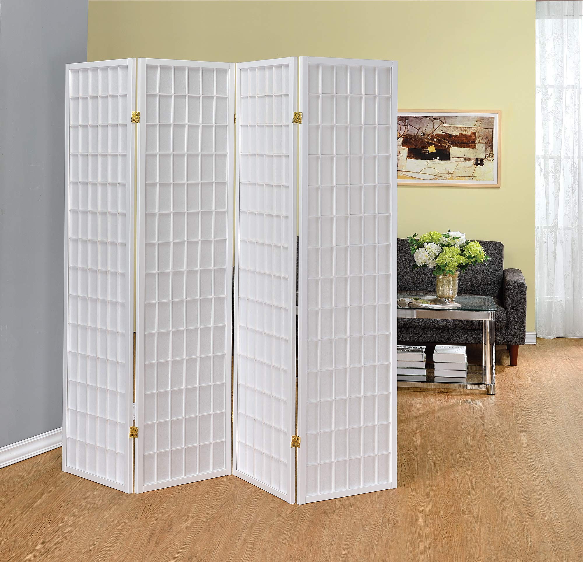 Benjara Contemporary Style White Four Panel Folding Room Divider Screen - Perfect for Home Office, Living Room Privacy & Bedroom Partition