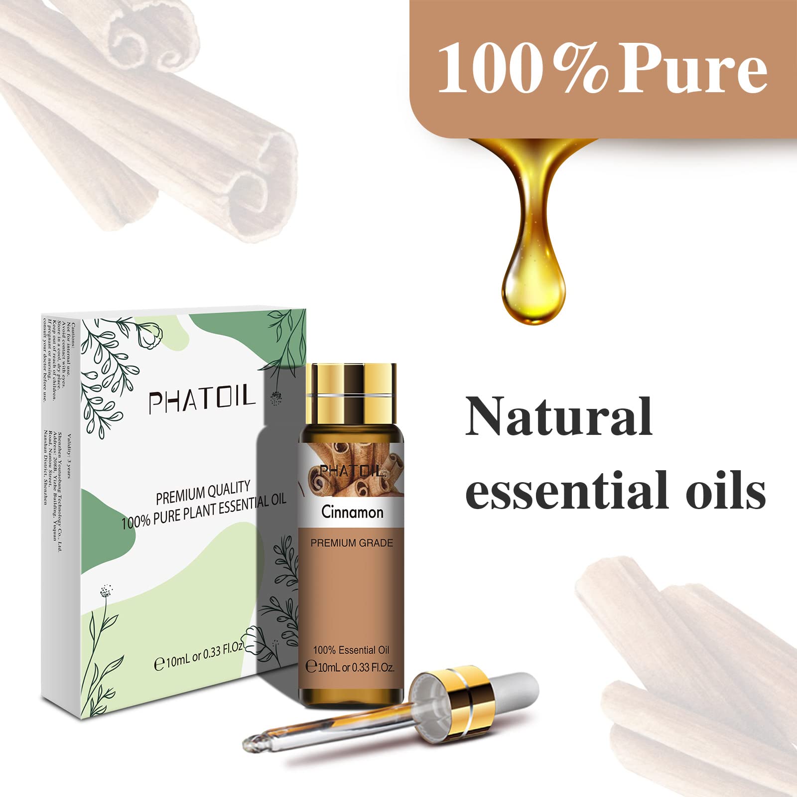 PHATOIL Pure Natural Cinnamon Essential Oil 10ml - Aromatherapy Oil for Diffusers, Humidifiers, Candles & DIY | Relaxing Scent for Home, Spa & Massage Therapy