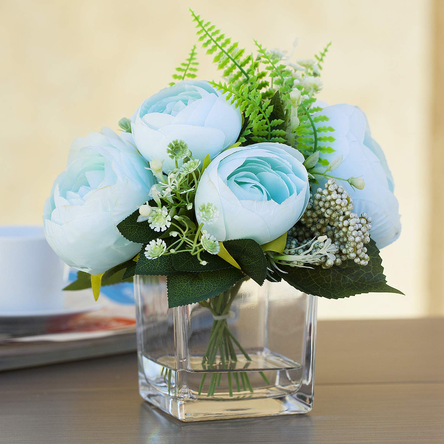 ENOVA HOME Artificial Silk Peony Flowers Arrangement in Glass Cube Vase - Elegant Home & Wedding Decor (Azure Blue) | Perfect for Centerpieces, Table Decor, Living Room & Office Decoration