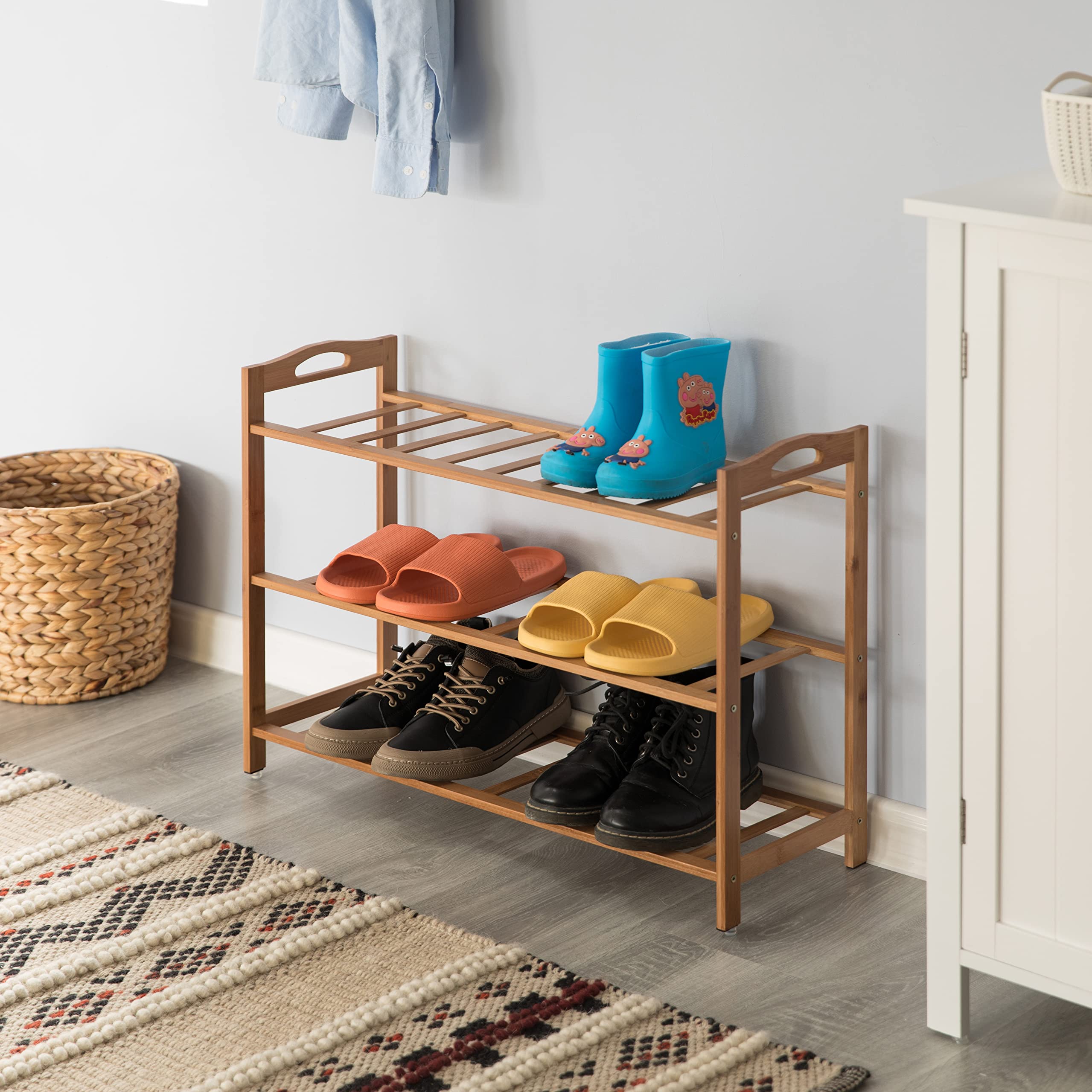 Basicwise 3-Tier Bamboo Shoe Rack Organizer - Free Standing Shoe Storage Shelf for Entryway, Closet & Bedroom - Space Saving Shoe Organizer for Men & Women