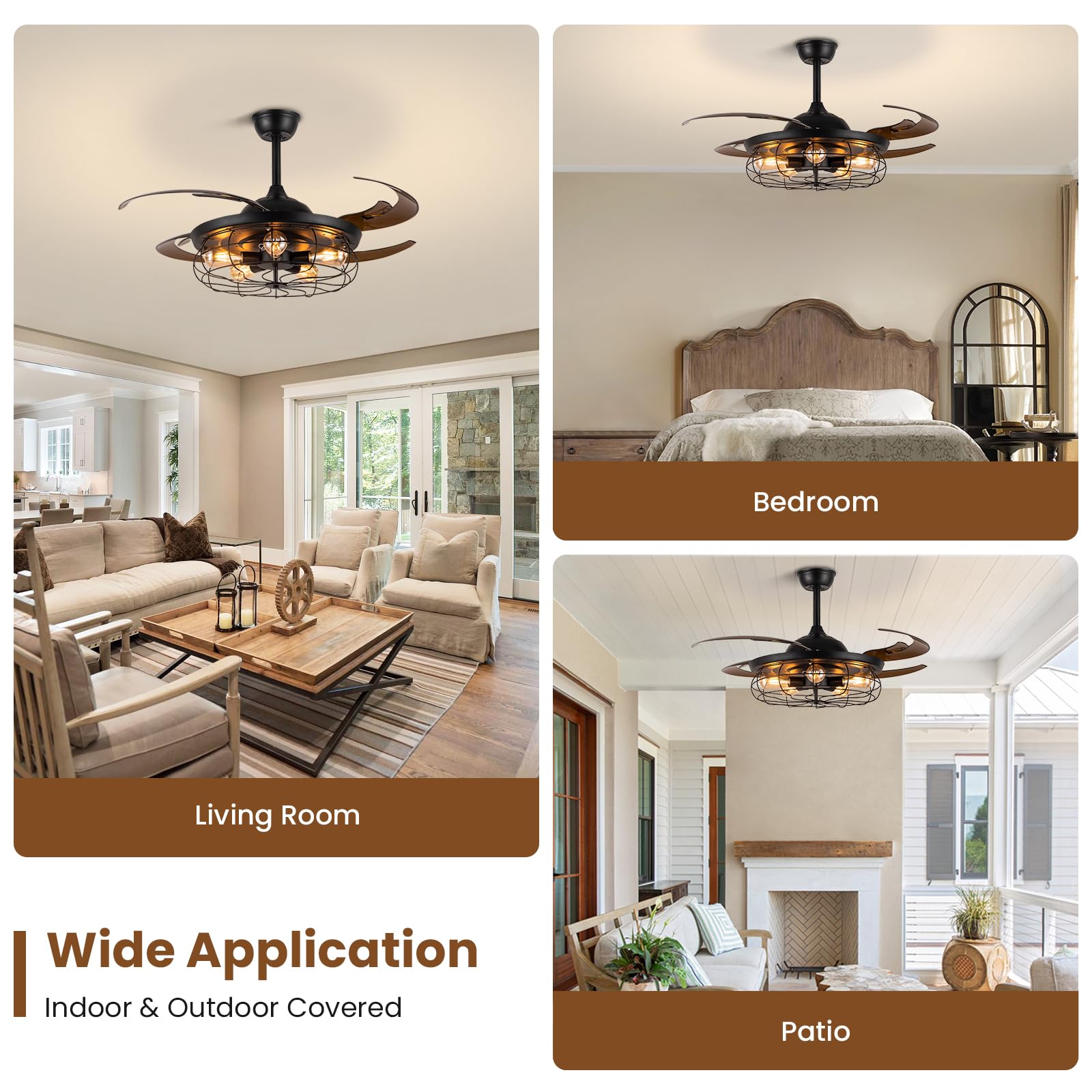 Siljoy 48 Inch Retractable Black Industrial Caged Ceiling Fan with Remote & 5 Lights - Farmhouse Chandelier Style for Living Room, Bedroom, Patio - Perfect for Home Cooling & Decorative Lighting