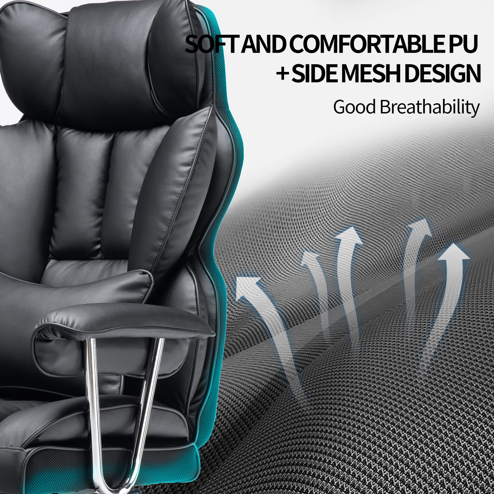 Efomao 400LBS Heavy Duty Office Chair - Big and Tall Executive PU Leather Computer Desk Chair with Adjustable Lumbar Support & Footrest - Ergonomic Black Office Chair for Home, Gaming, and Workspaces